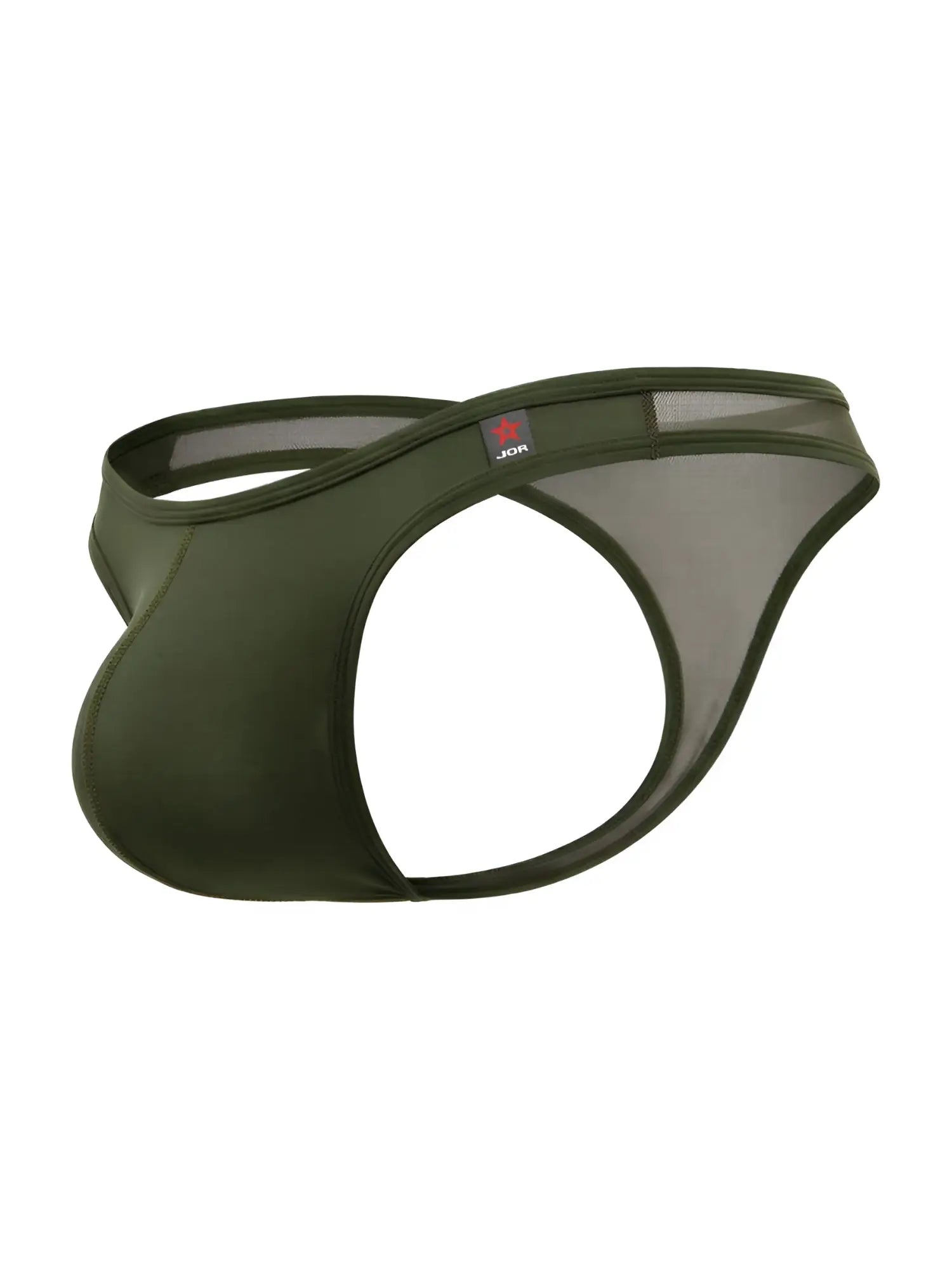 Olive green jor 2354 origin mesh and satin briefs with red star logo on waistband front view