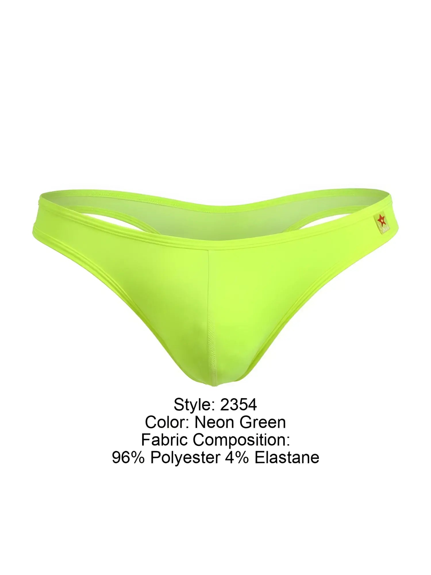 Neon green jor 2354 origin thong made of 96% polyester 4% elastane with small star logo on the side