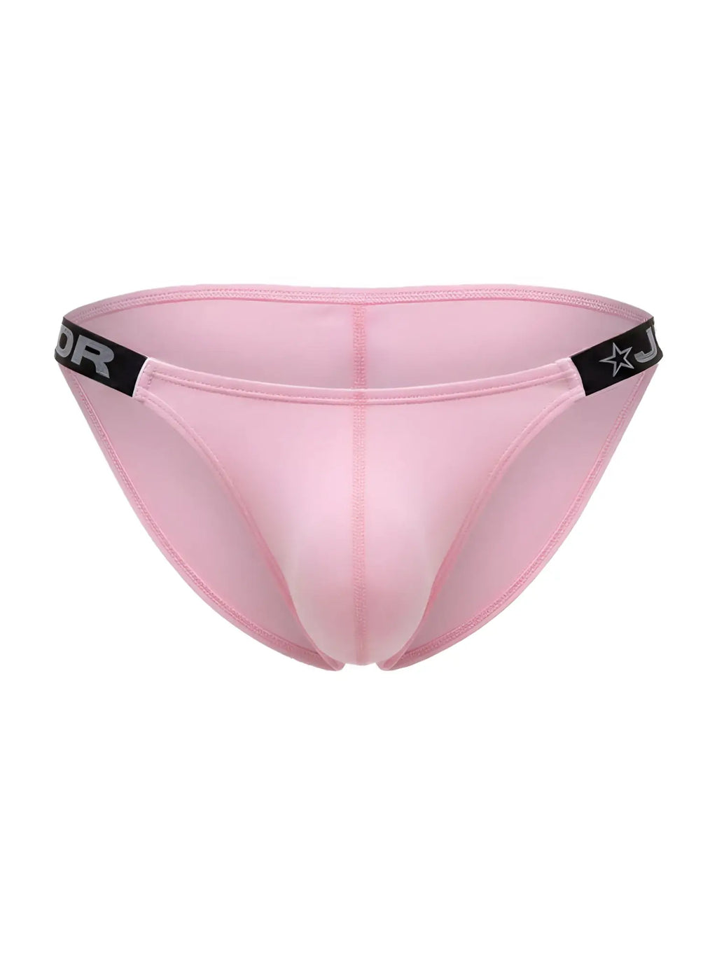 Pink sheer mesh briefs with black elastic waistband featuring star logo and partial jor branding eros bikini 2355