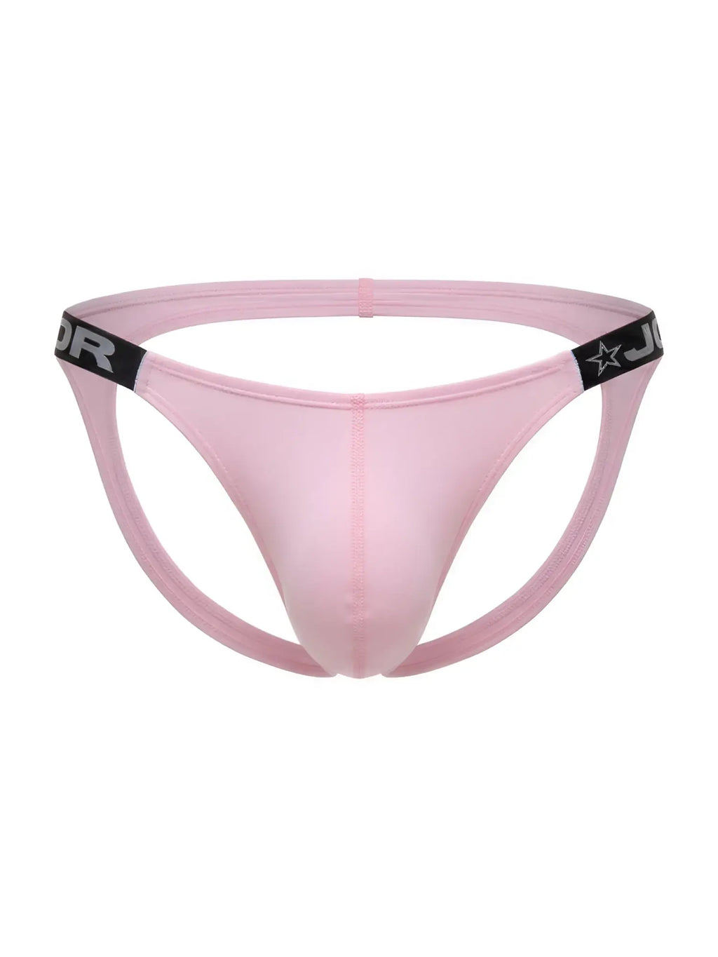 Pink jor 2356 eros jockstrap thong with black elastic waistband featuring star logo and partial brand lettering