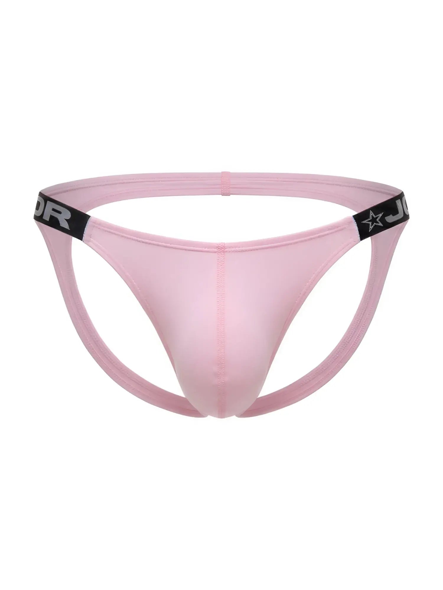 Pink jor 2356 eros jockstrap thong with black elastic waistband featuring star logo and partial brand lettering