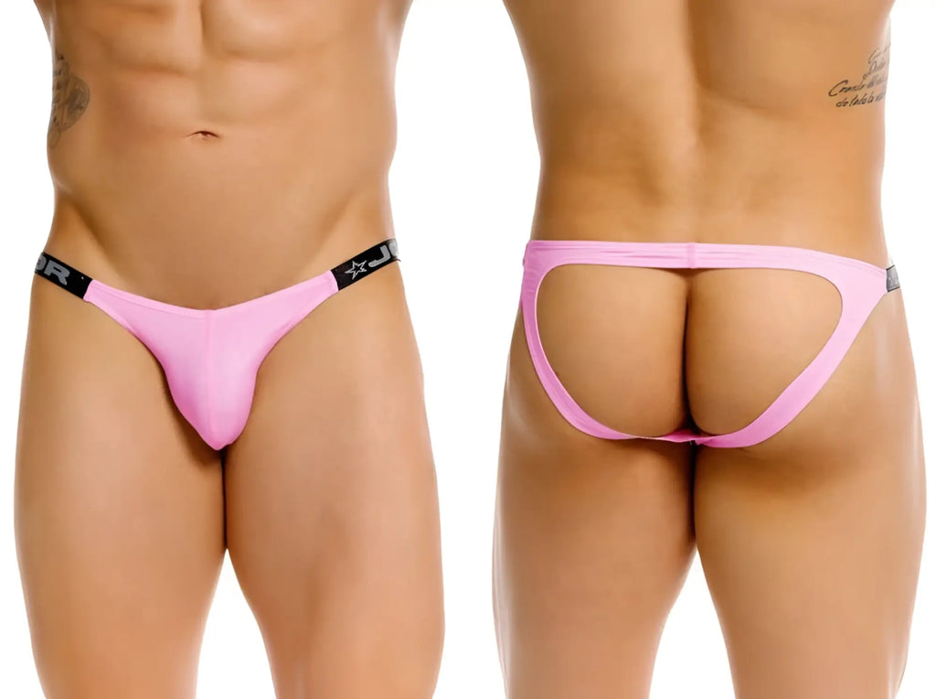 Pink jor 2356 eros jockstrap thong with black elastic waistband and star logo front view