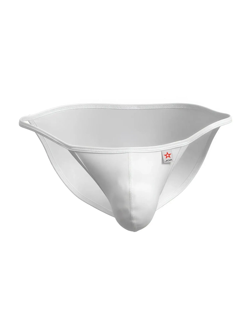 White seamless JOR 2358 Axel bikini briefs with minimalist design and subtle red star logo on the waistband