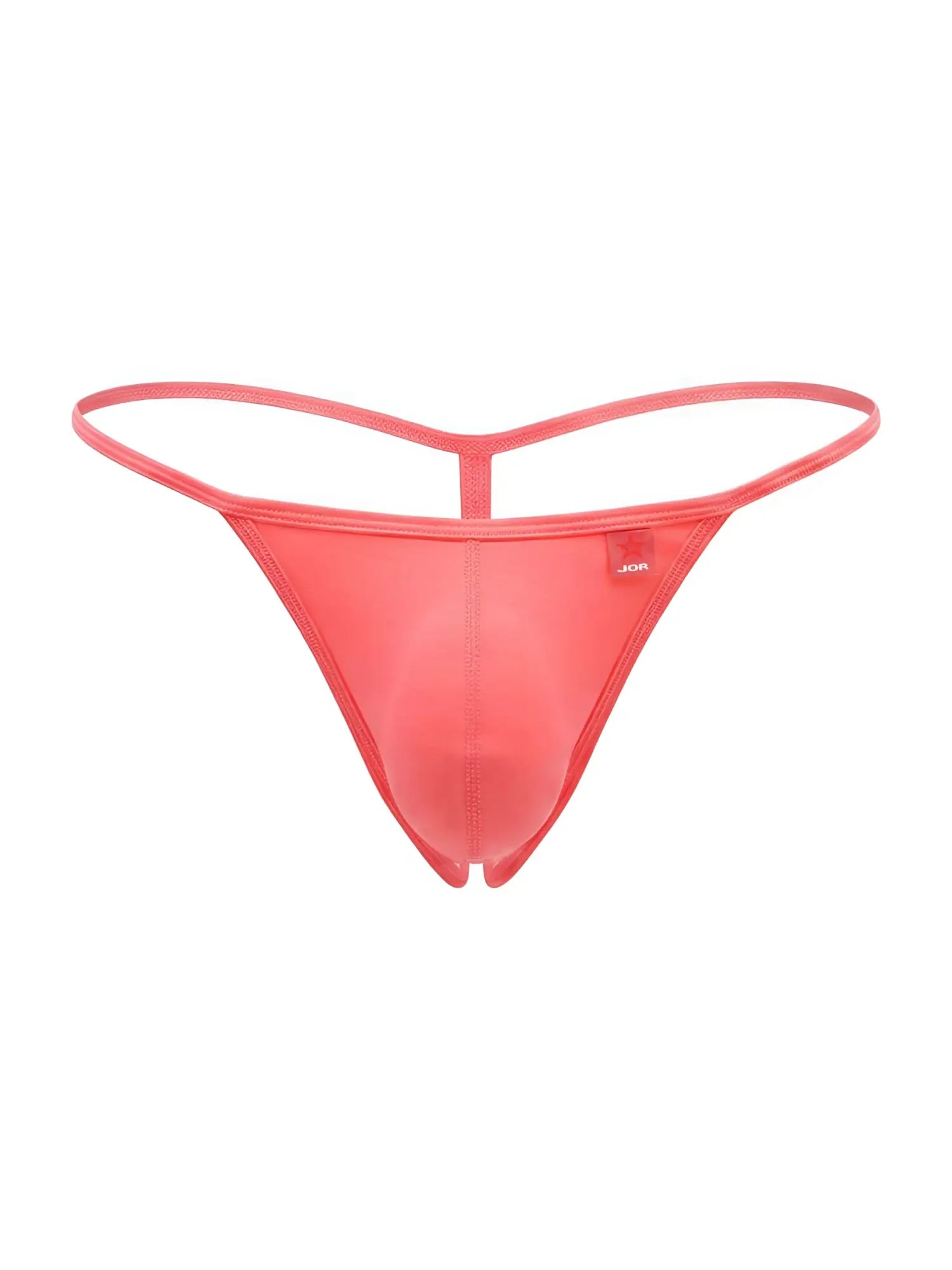 A coral-colored sheer mesh thong with a thin matching waistband and leg straps from JOR 2359 Axel G-String color candy