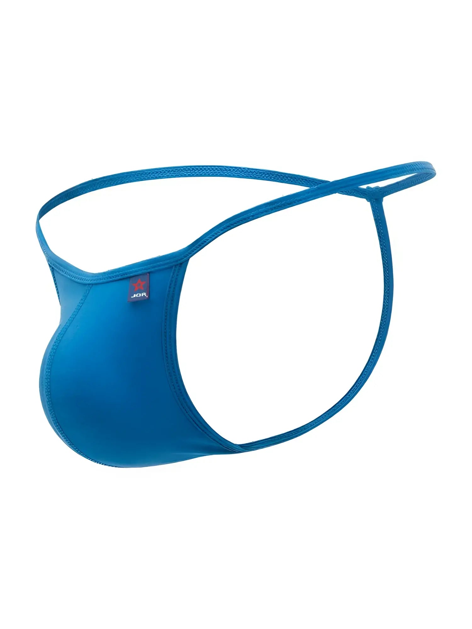 Bright blue seamless thong made of stretchy fabric with a red and black JOR brand tag on the side