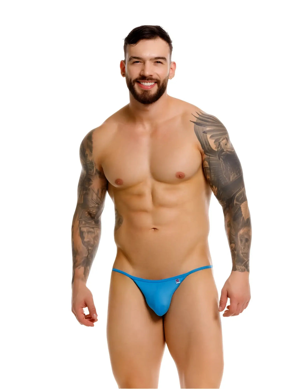 Bright blue form-fitting thong with a small logo on the left hip from JOR 2359 Axel G-String color turquoise