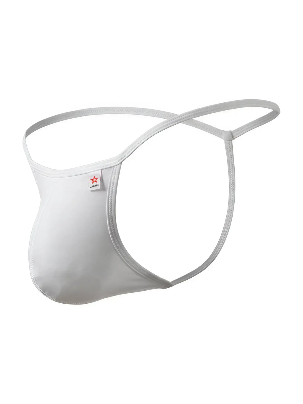 White form-fitting men’s thong jor 2359 axel g-string with thin elastic straps and small red star logo tag
