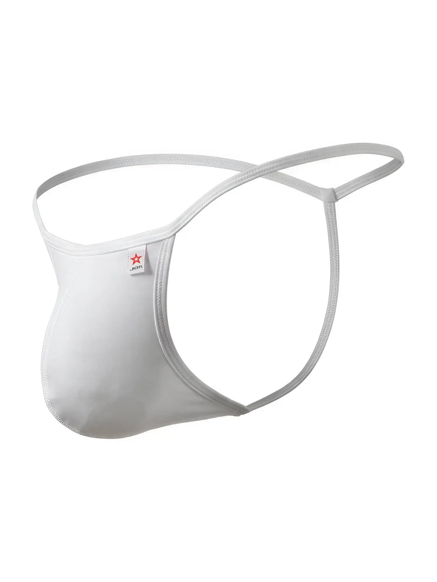 White form-fitting men’s thong jor 2359 axel g-string with thin elastic straps and small red star logo tag