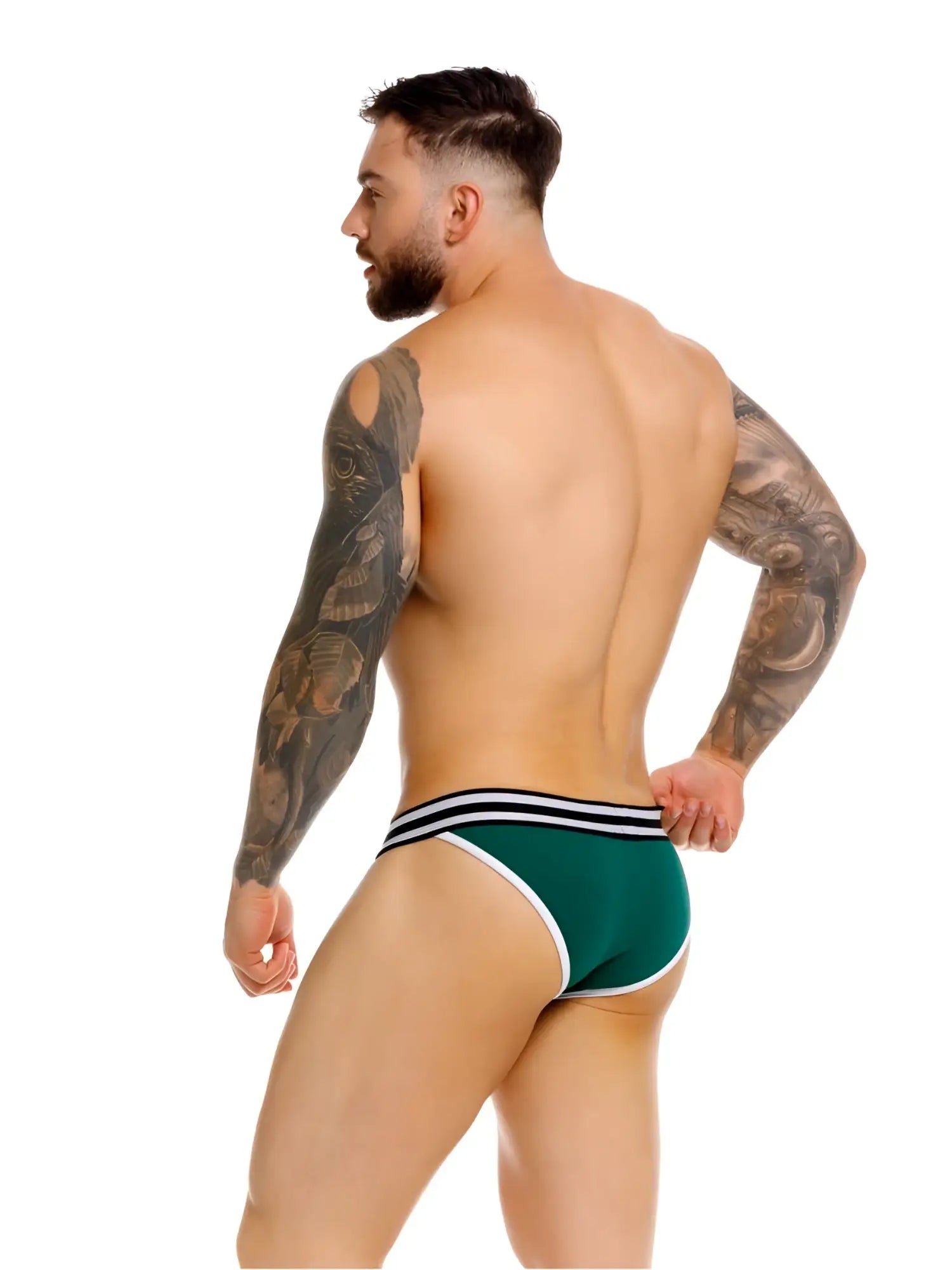 Green jor 2362 rush bikini athletic briefs with white and black striped waistband for active wear