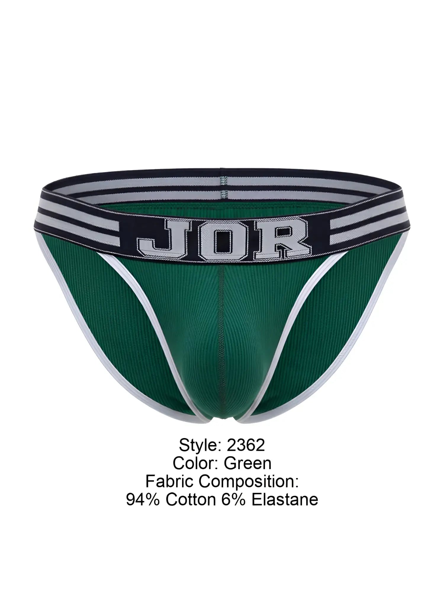 Green jor 2362 rush bikini briefs with white and navy striped waistband made of 94% cotton and 6% elastane