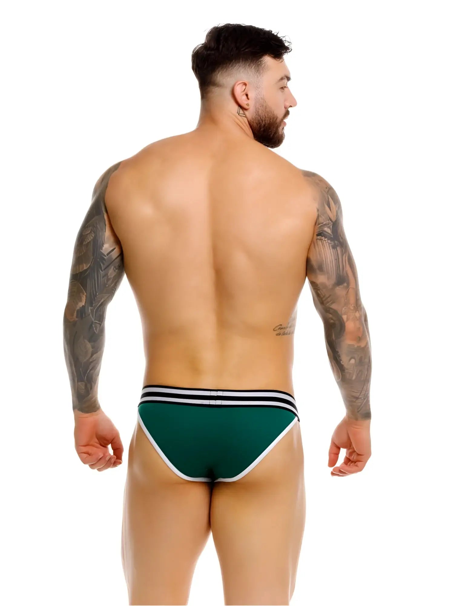 Dark green jor 2362 rush bikini briefs with white and black striped trim for athletic use
