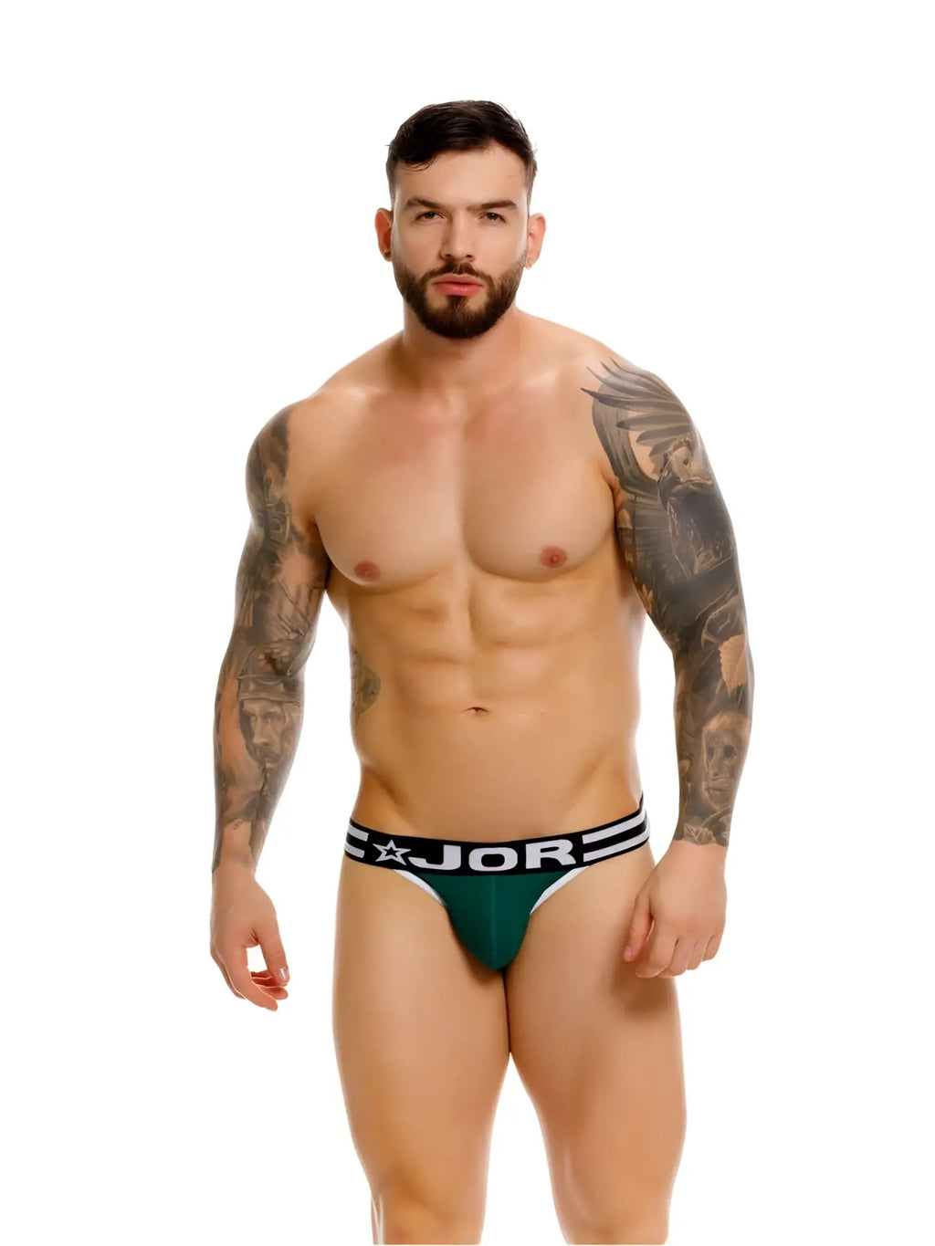 Dark green jor 2362 rush bikini briefs with black and white elastic waistband featuring jor logo