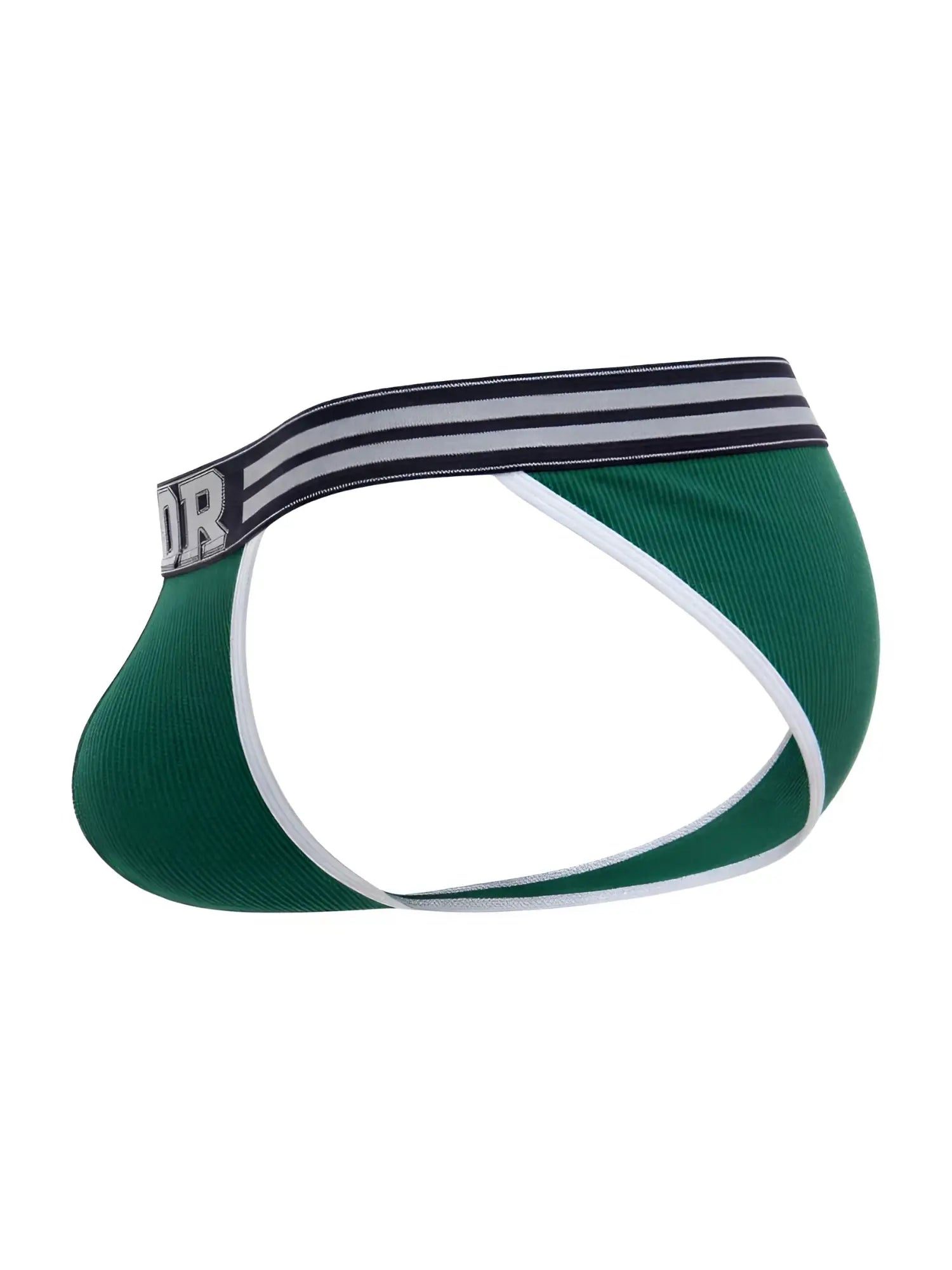 Green ribbed men’s briefs with black and white striped waistband and gray or branding jor 2362 rush bikini green