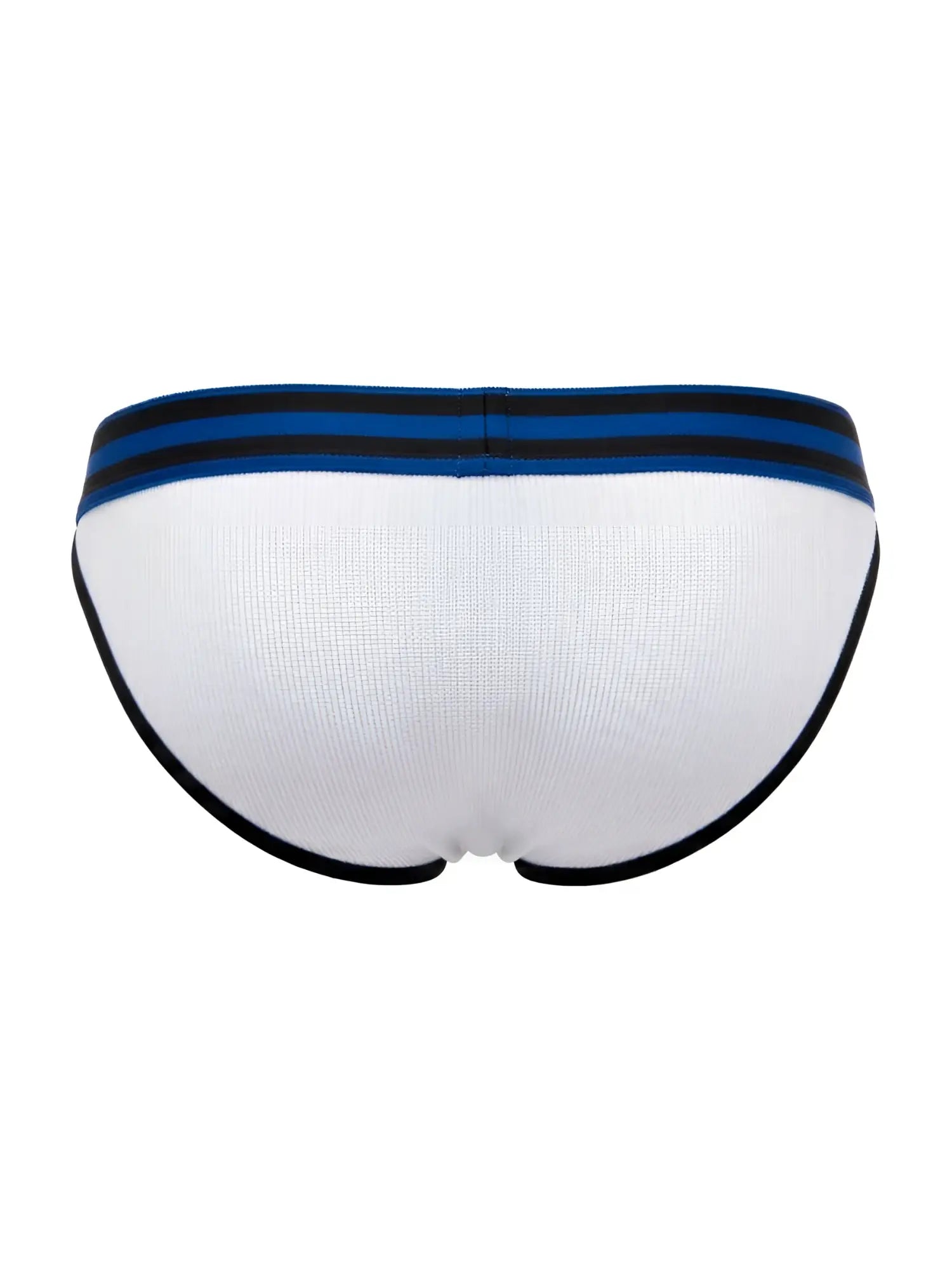 White jor 2362 rush bikini briefs with navy blue and black striped waistband and black leg trim