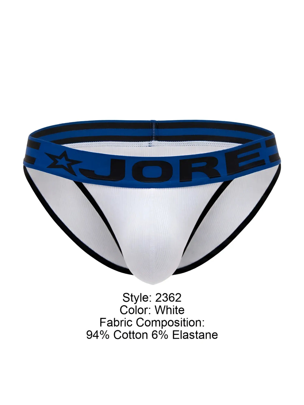 White jore briefs with blue waistband black lettering star logo made of 94 percent cotton 6 percent elastane model 2362 rush bikini