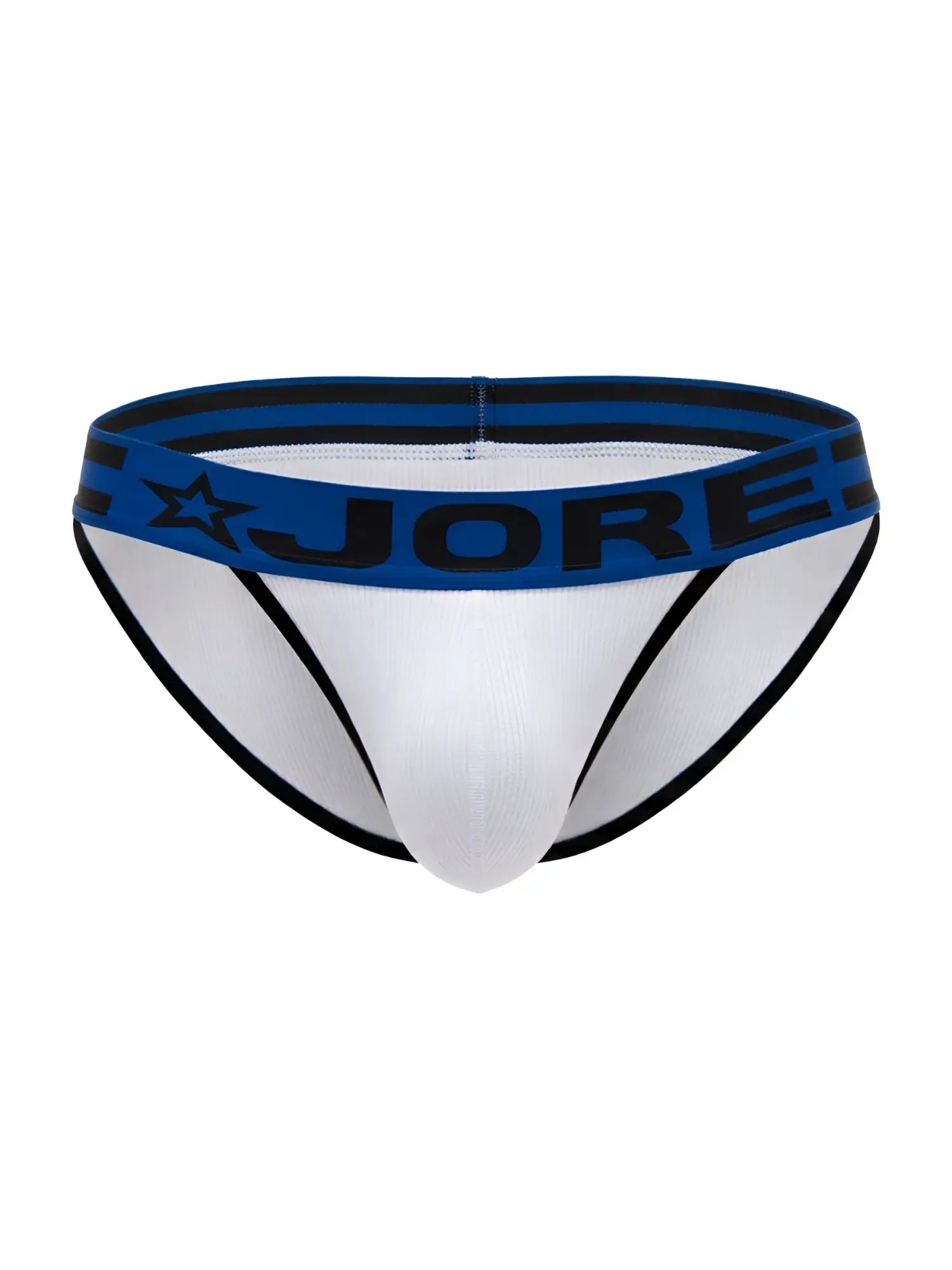 White jor 2362 rush bikini briefs with blue waistband black lettering star logo and thin black trim accents