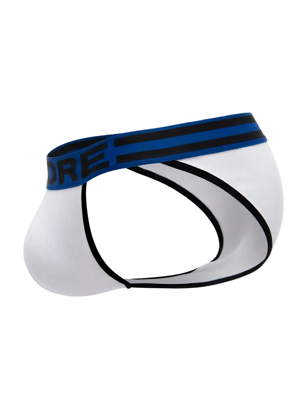 White men’s briefs jor 2362 rush bikini with blue waistband black stripes and bold dre lettering