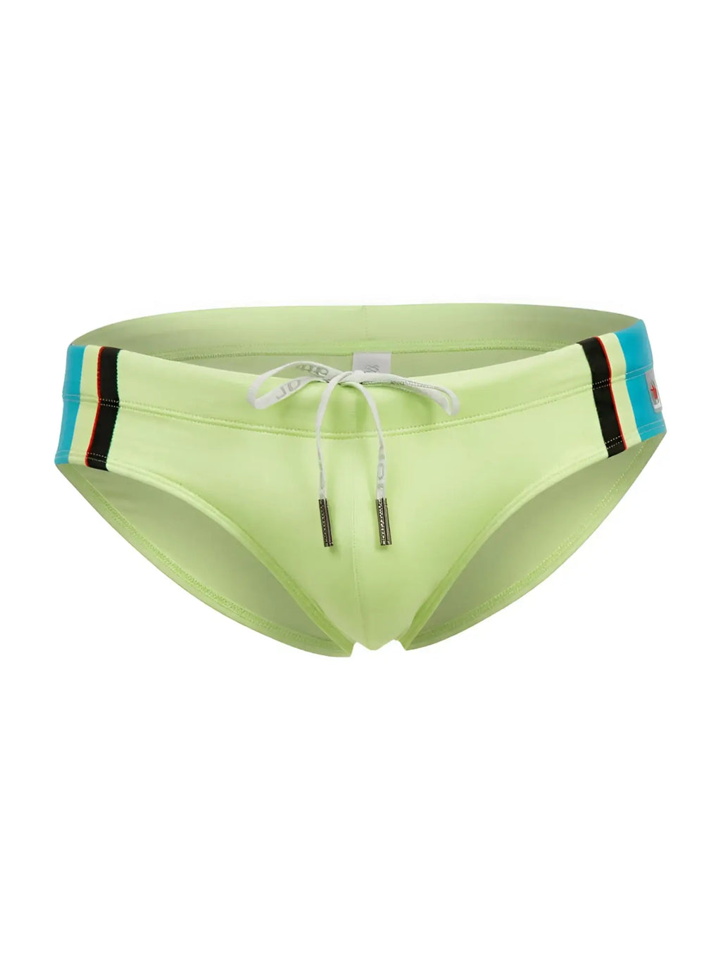 Jor 2384 wind swim briefs in lime green with a striped blue black and red waistband for swimming use