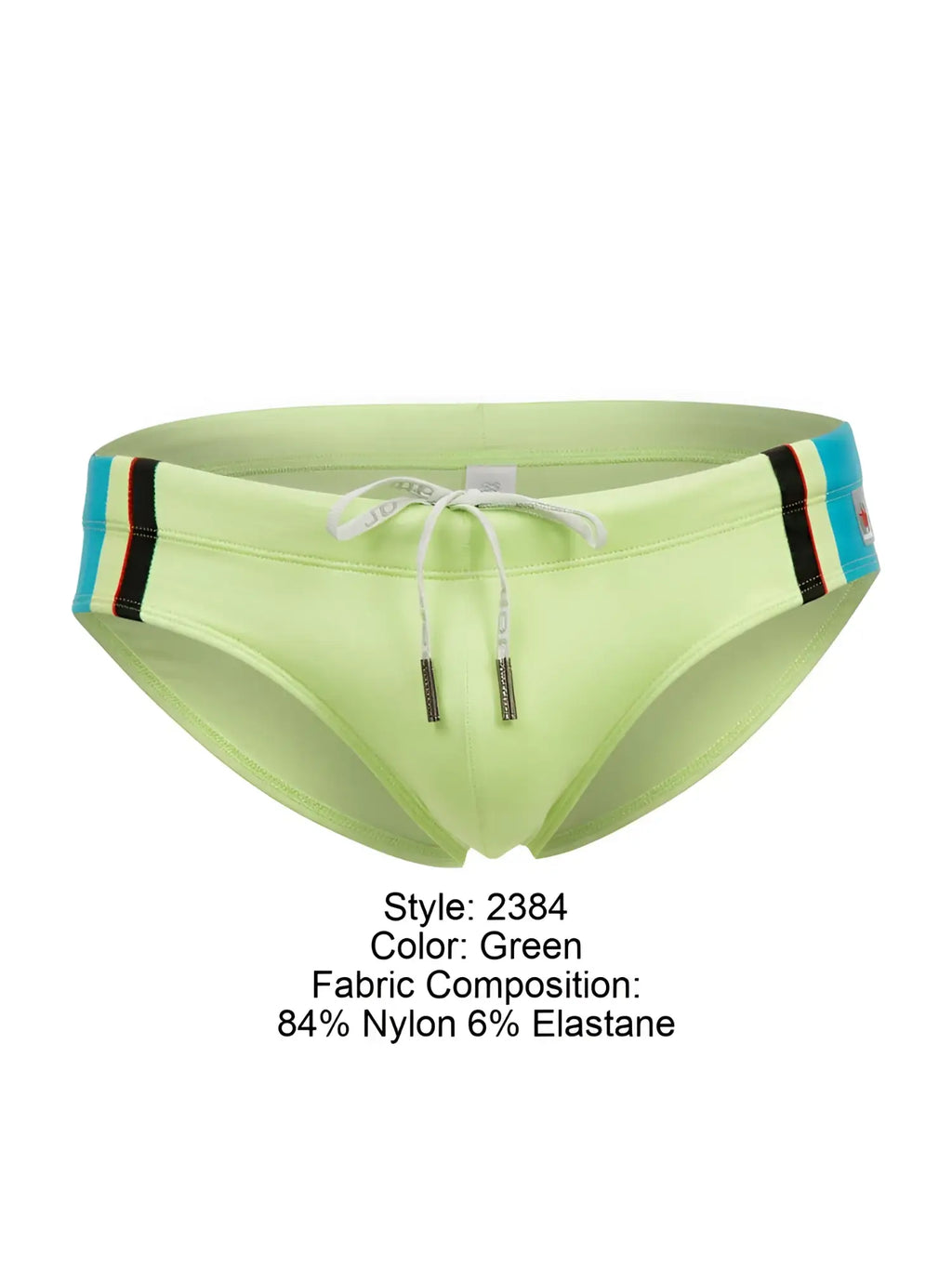 Jor 2384 wind swim briefs in lime green with a striped blue black and red waistband for swimming and beachwear