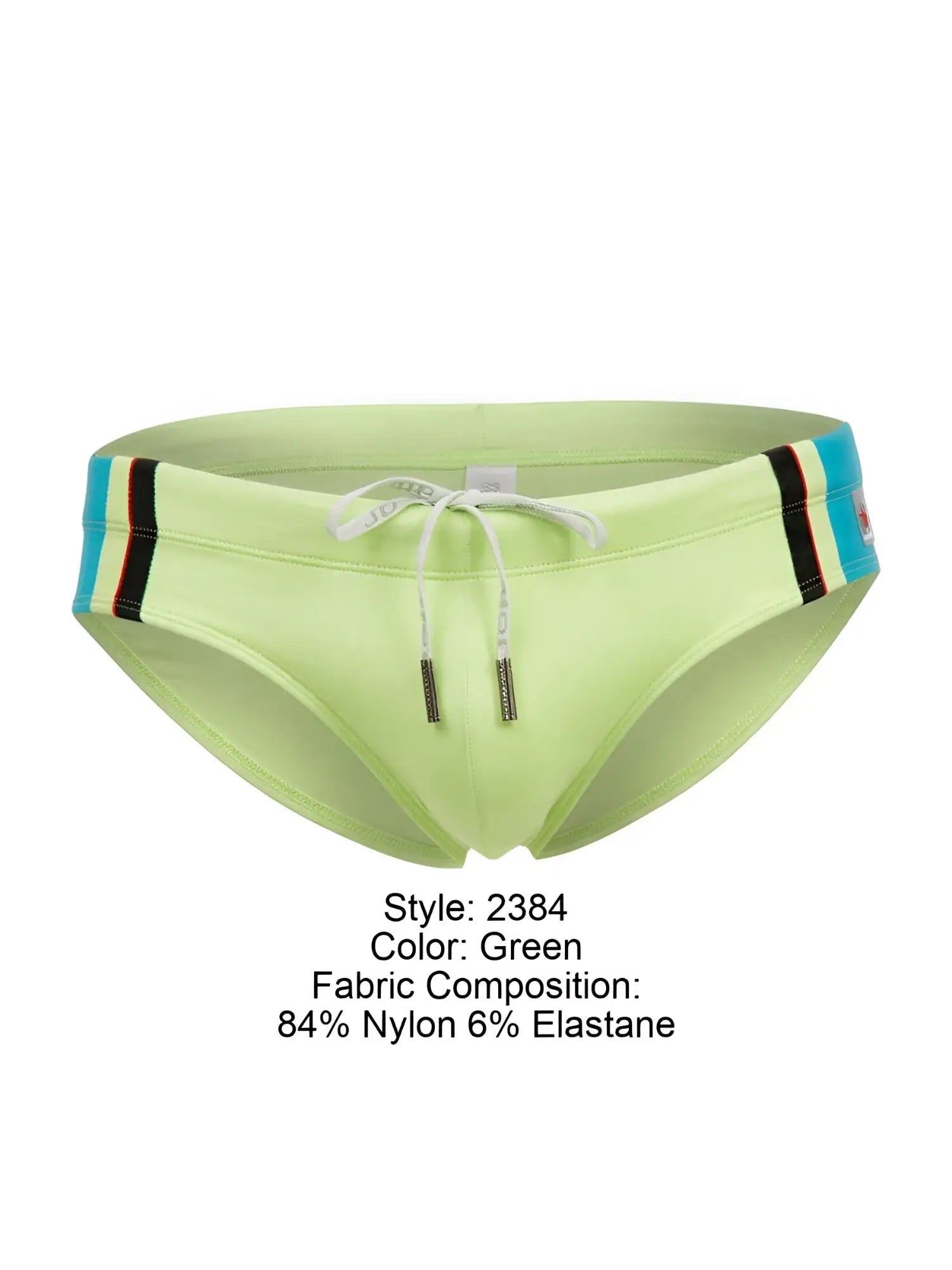 Jor 2384 wind swim briefs in lime green with a striped blue black and red waistband for swimming and beachwear