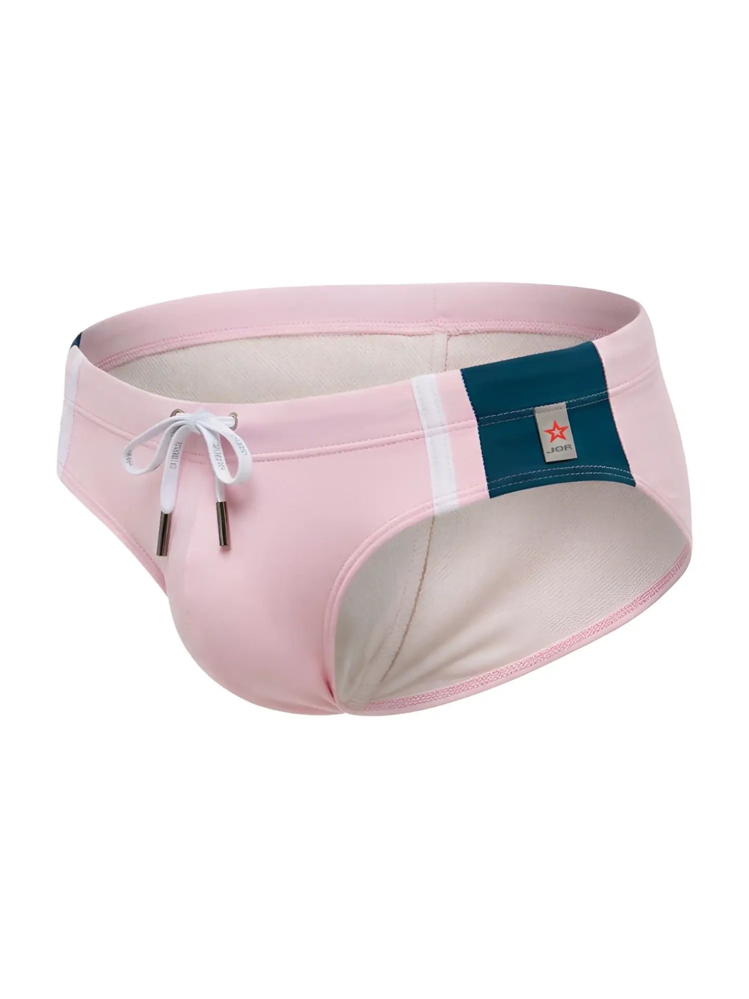 Pink jor 2384 wind swim briefs with navy blue panel white stripe and branded side tag for men