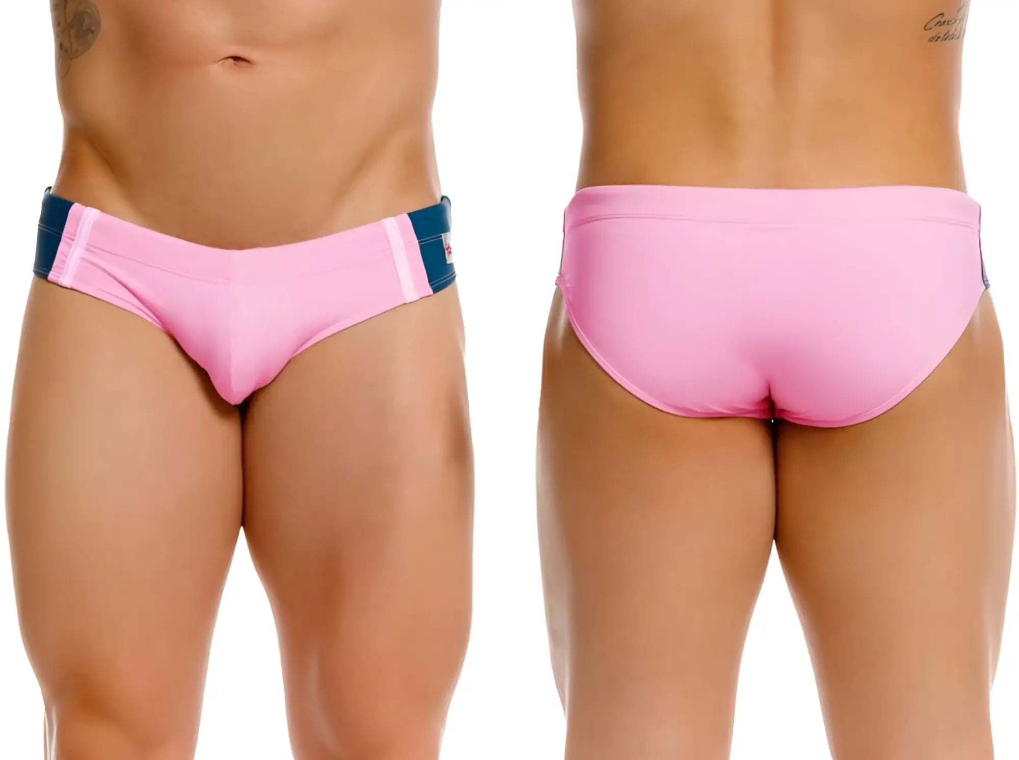 Pink JOR 2384 Wind swim briefs with navy blue side panels and white stripes designed for swimming use