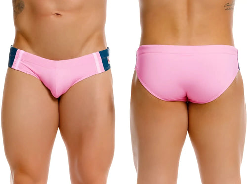 Pink JOR 2384 Wind swim briefs with navy blue side panels and white stripes designed for swimming use