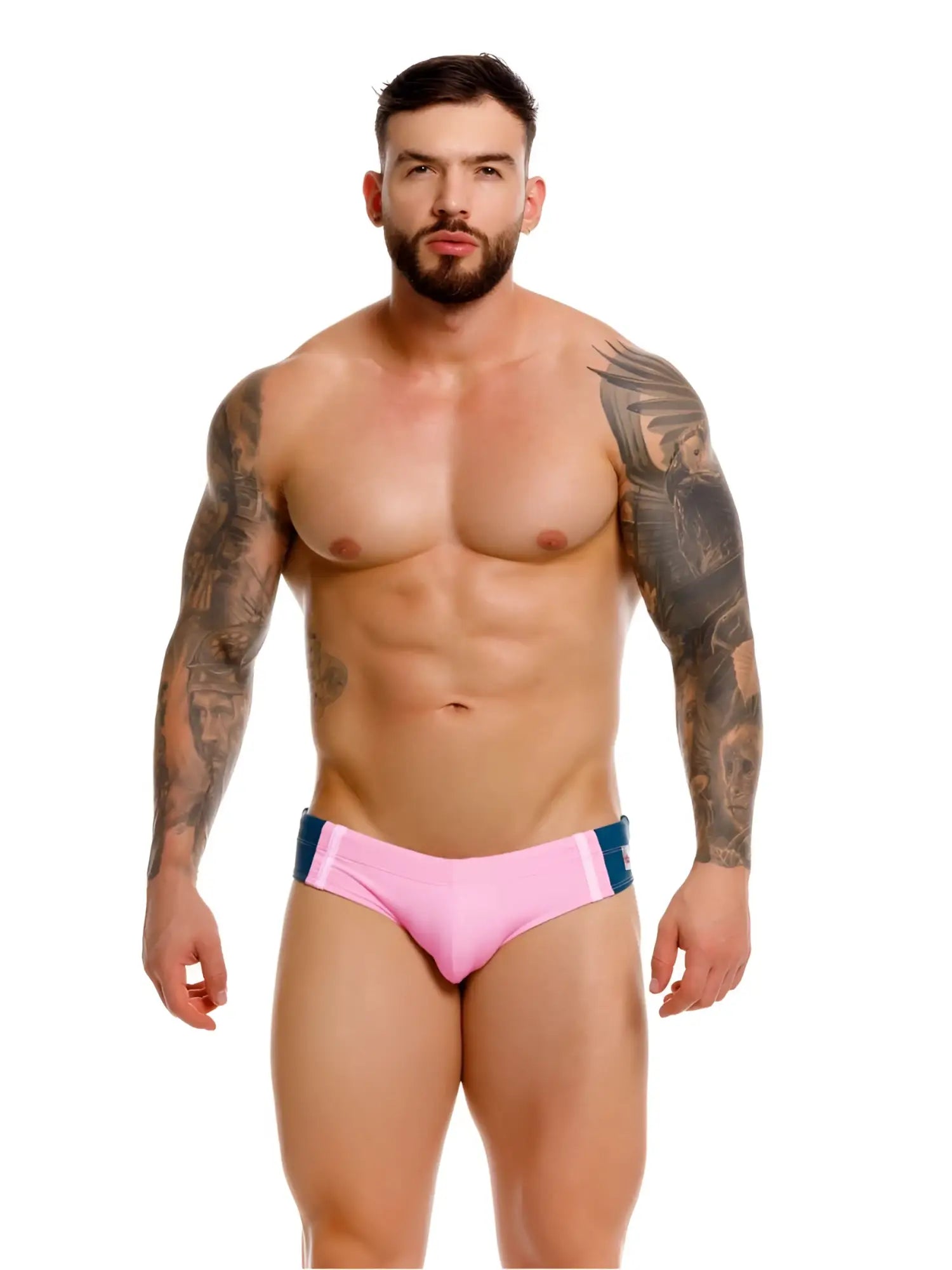 Pink jor 2384 wind swim briefs with navy blue side panels designed for swimming and water activities