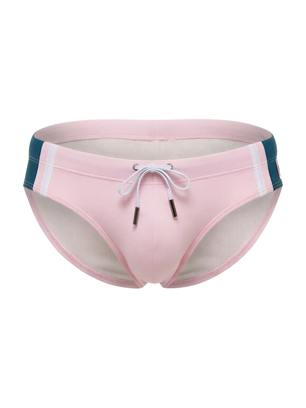 Pink jor 2384 wind swim briefs with teal and white striped side panels and drawstring closure for swimming