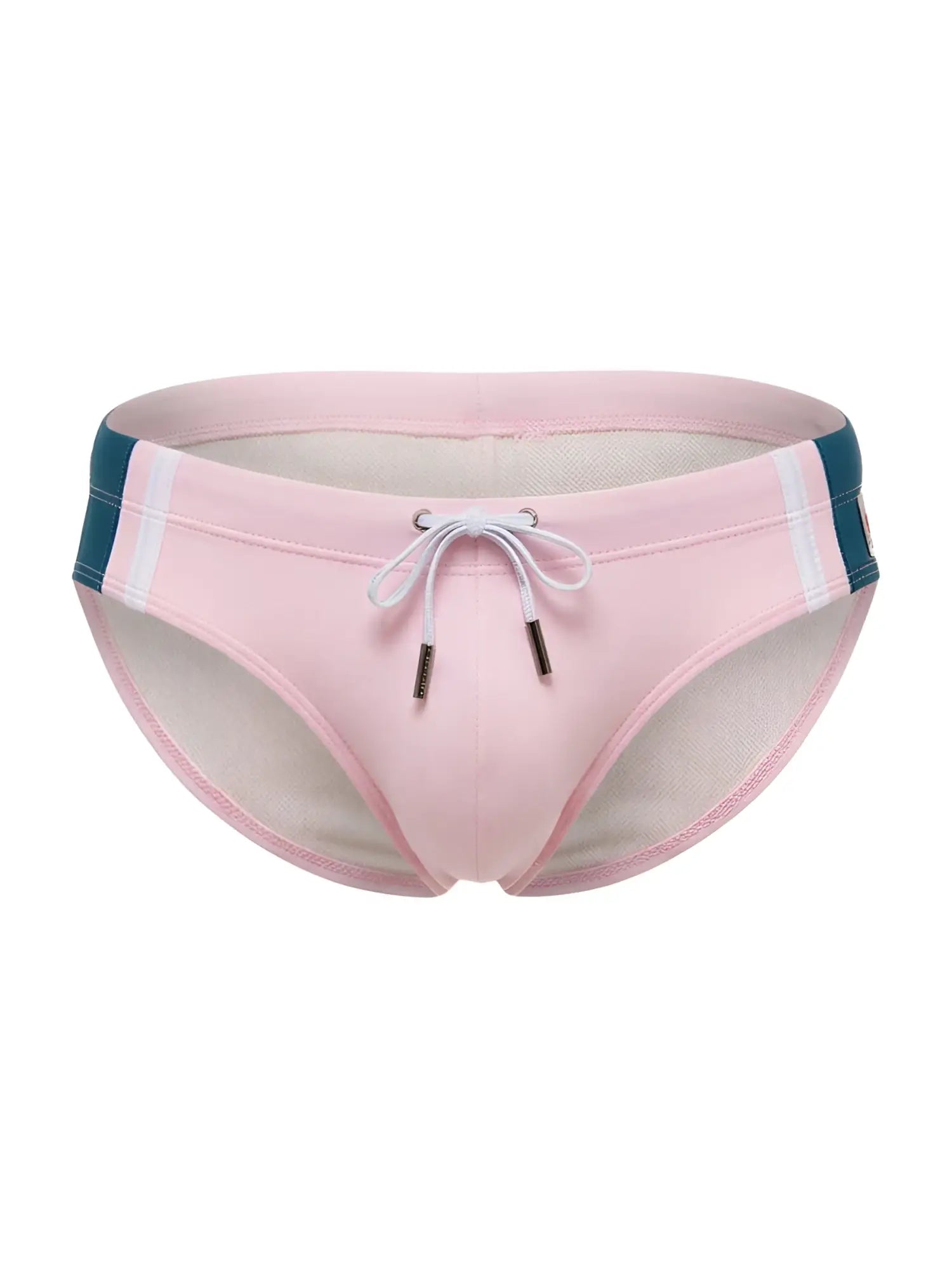 Pink jor 2384 wind swim briefs with teal and white striped side panels and drawstring closure for swimming