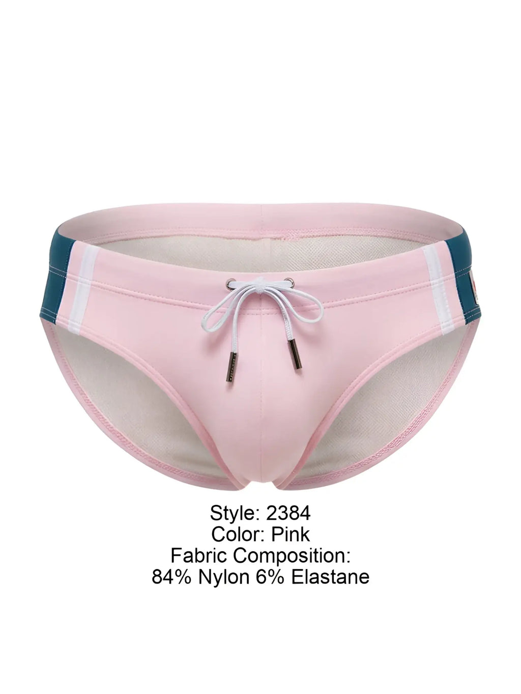 Pink jor 2384 wind swim briefs with teal and white side stripes and drawstring closure for comfortable fit