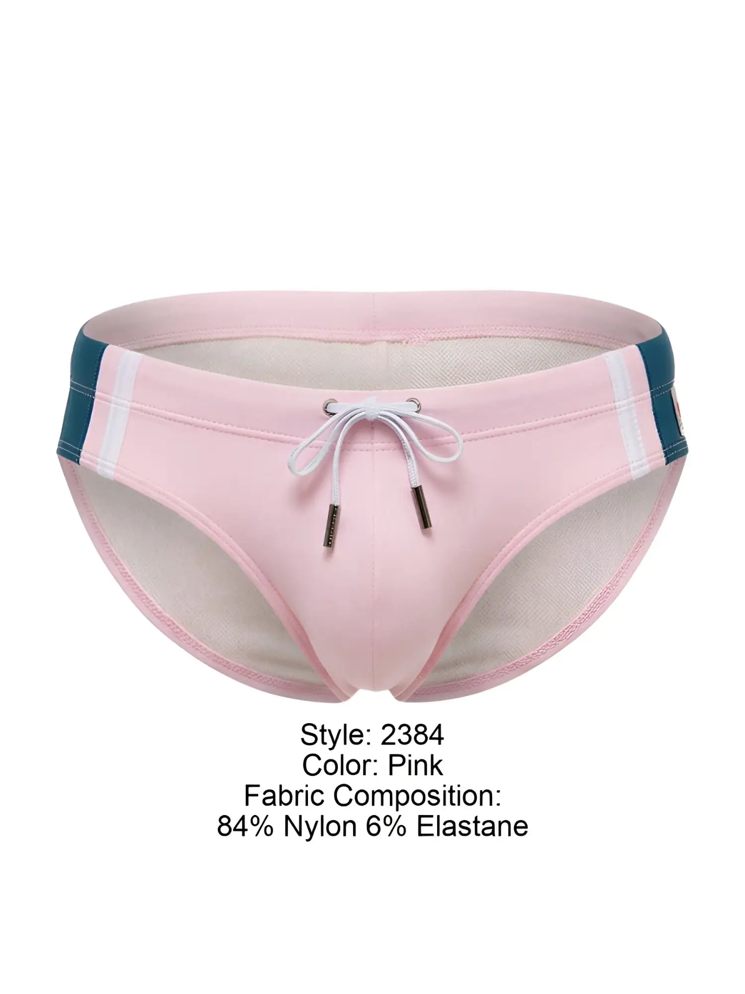 Pink jor 2384 wind swim briefs with teal and white side stripes and drawstring closure for comfortable fit