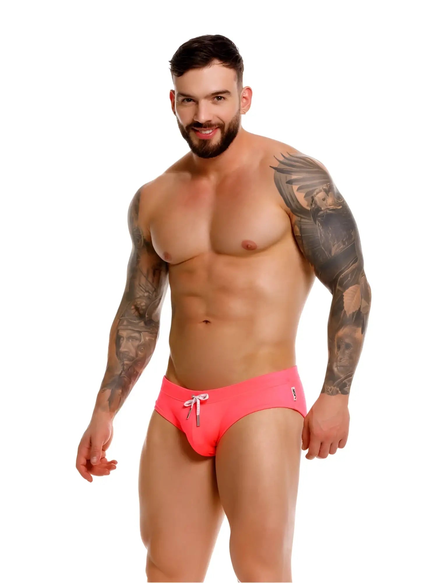 Vibrant pink jor 2387 travel swim briefs with white drawstring and subtle brand logo on the side color candy