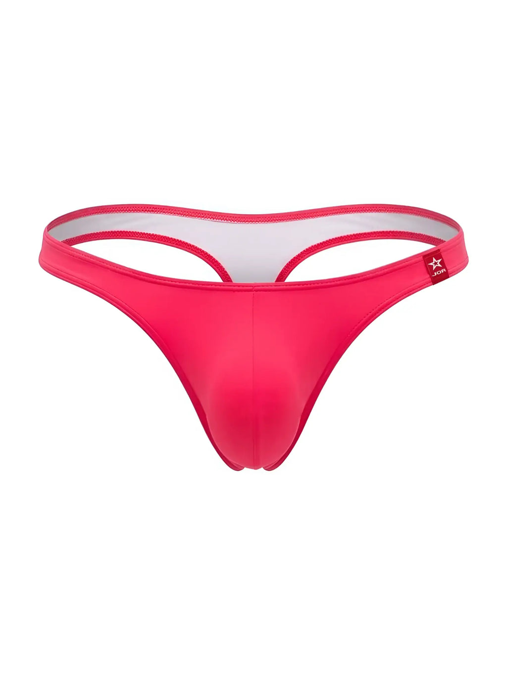 Bright pink form-fitting jor 2389 travel swim thong with white lining and red brand tag in candy color