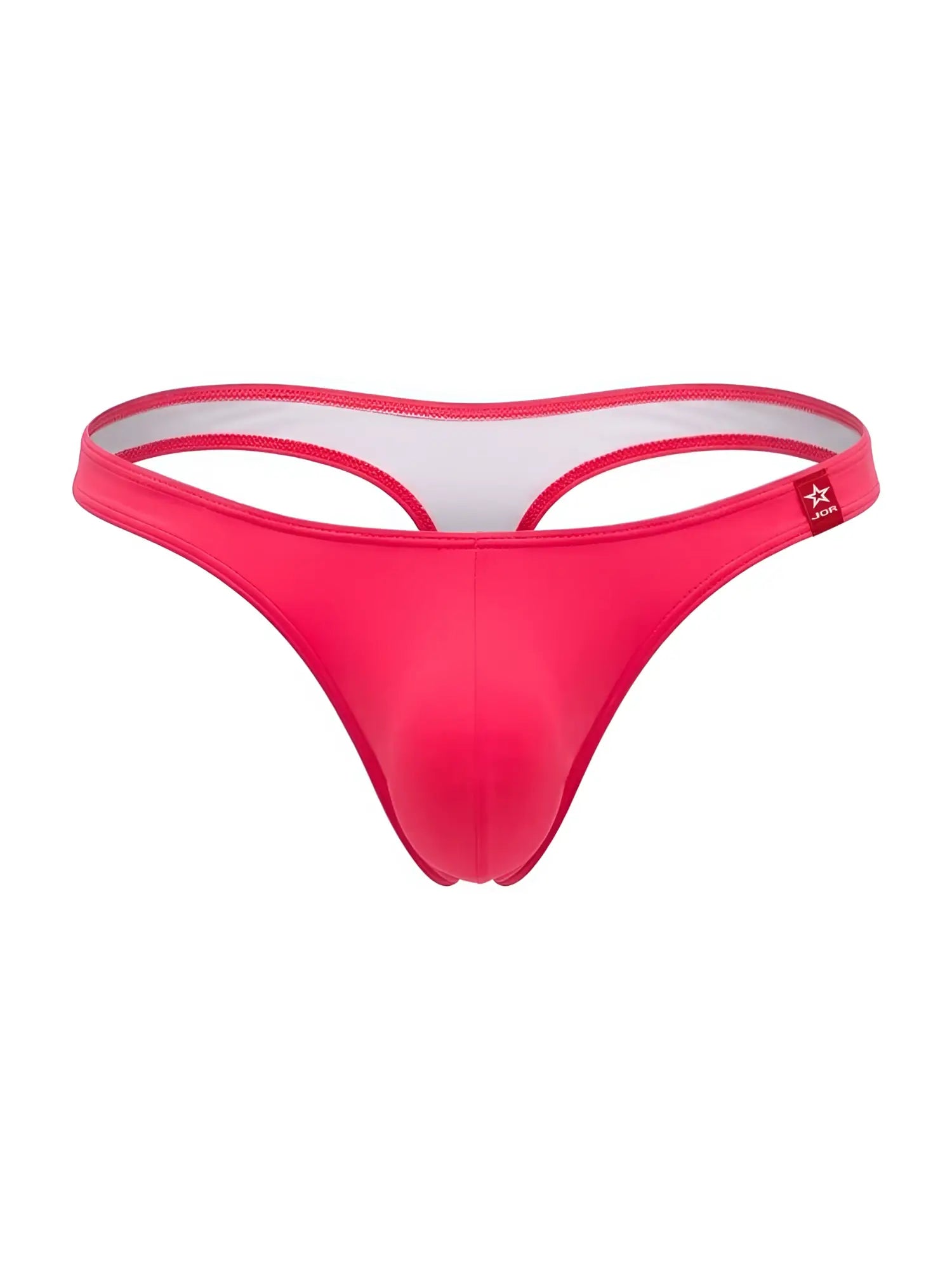 Bright pink form-fitting jor 2389 travel swim thong with white lining and red brand tag in candy color