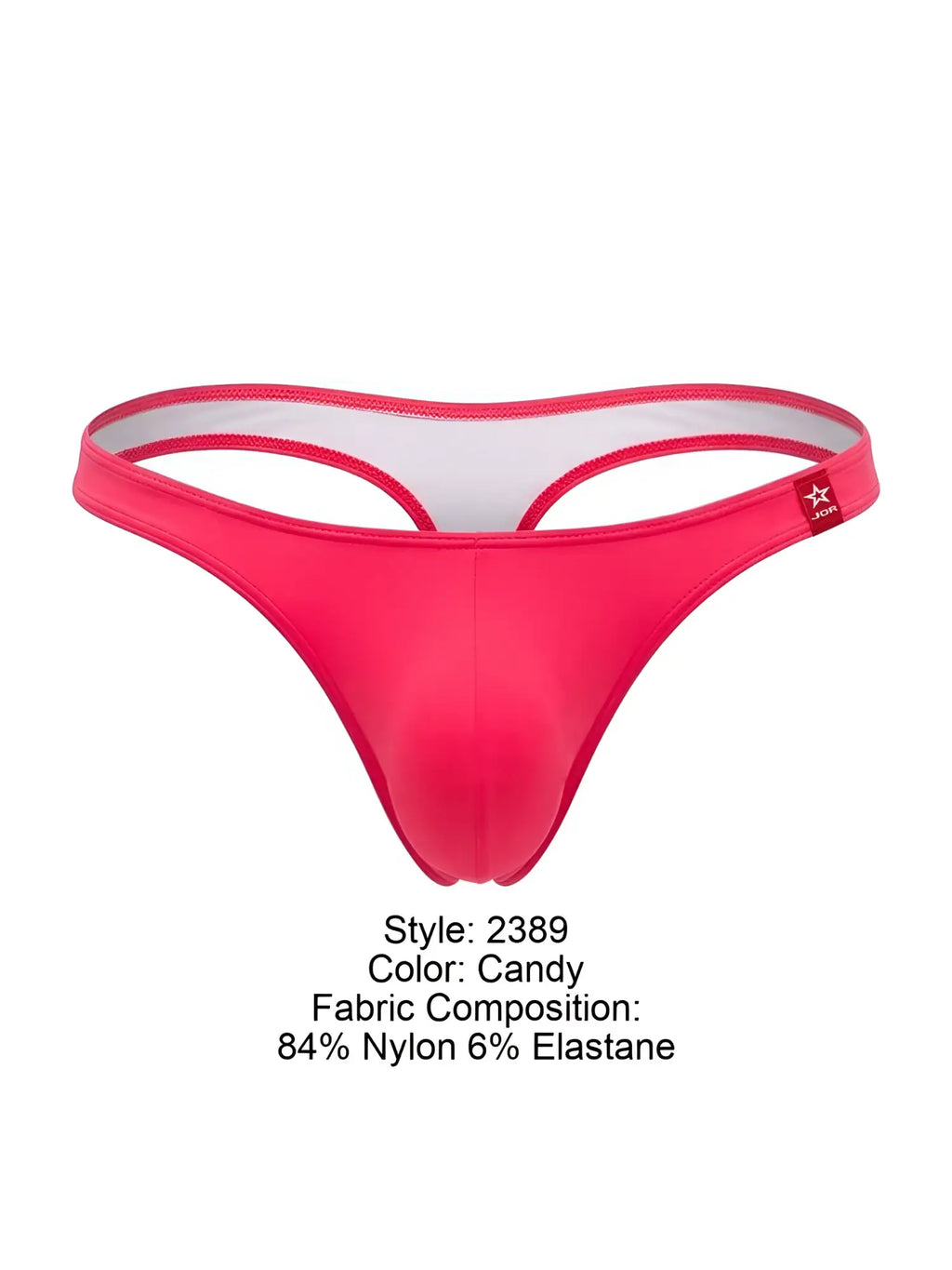 Candy pink JOR 2389 travel swim thong made of 84% nylon and 6% elastane with white inner lining