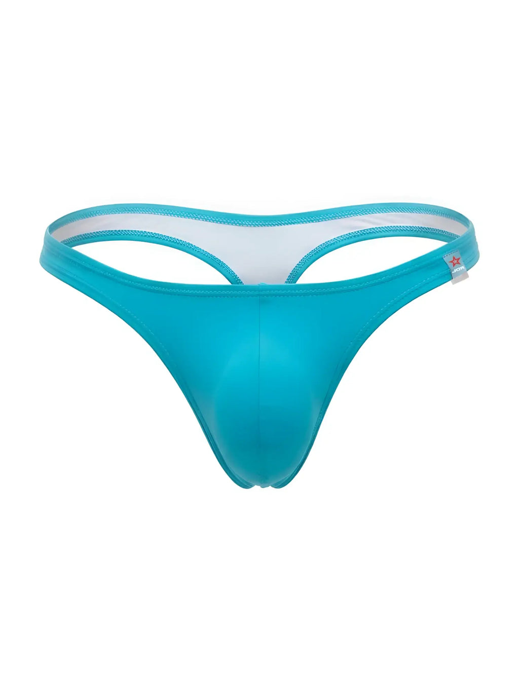 Turquoise silicone travel swim thong with white inner lining and small red star logo on the side