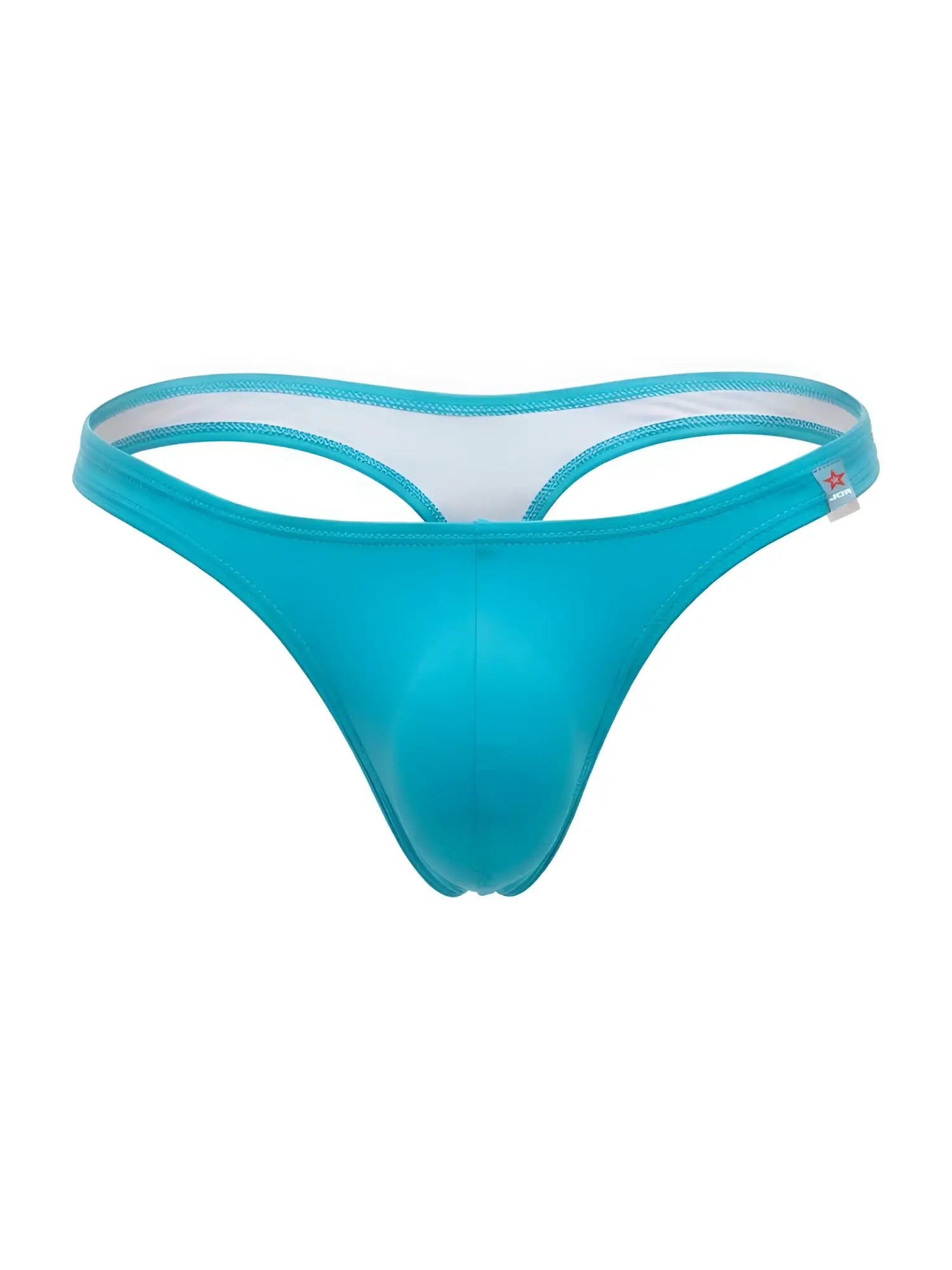 Turquoise silicone travel swim thong with white inner lining and small red star logo on the side