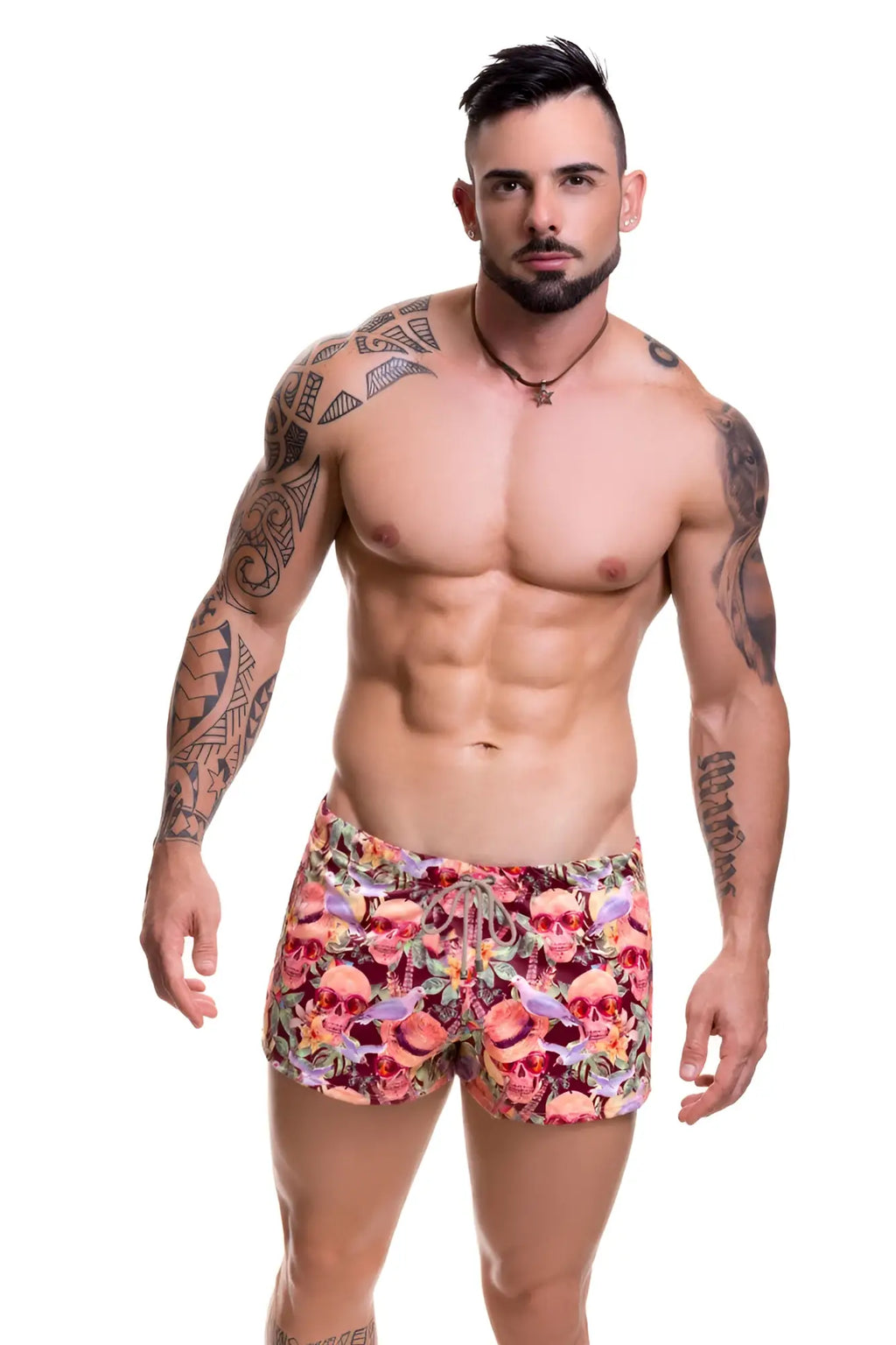 Men’s jor ARRECIFE MOJITO mini shorts swimwear in size M with vibrant floral skull pattern in pink red and purple