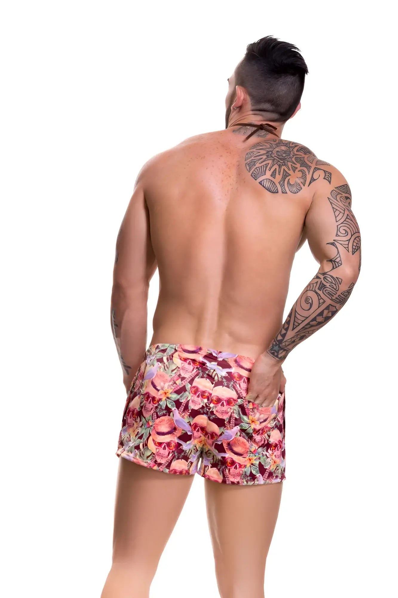 Men’s jor arrecife mojito mini shorts swimwear with vibrant pink red floral skull pattern on stretchy fabric size m