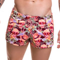 Jor arrecife mojito mini shorts swimwear in vibrant pink and maroon with skulls sunglasses tropical flowers and purple birds
