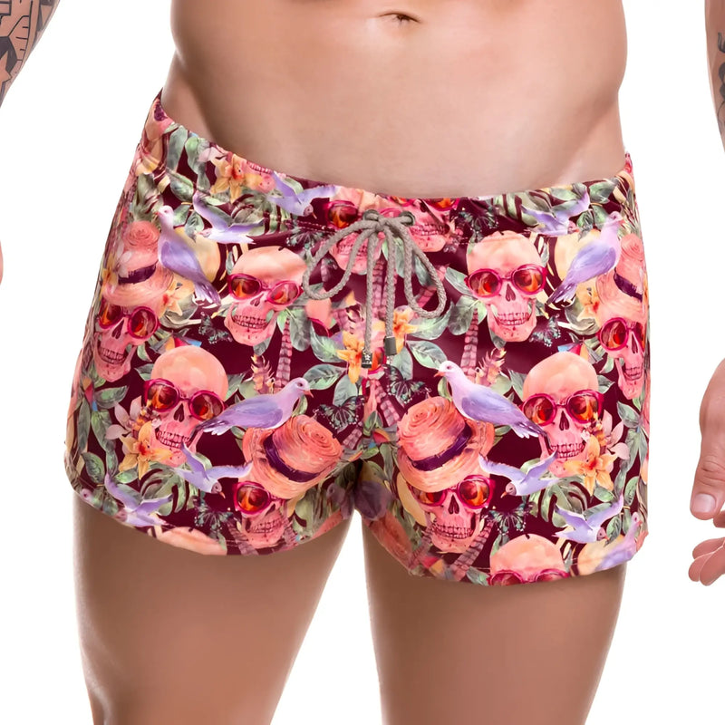 Jor arrecife mojito mini shorts swimwear in vibrant pink and maroon with skulls sunglasses tropical flowers and purple birds