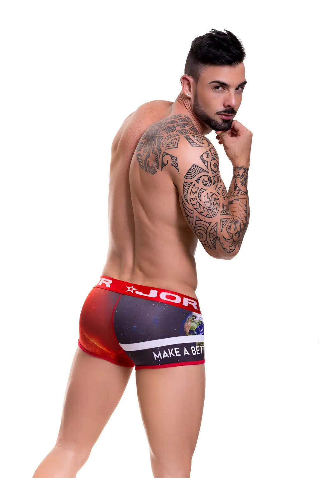 Red and black jor believe boxer underwear size s with cosmic earth and stars design and make a bet text near waistband