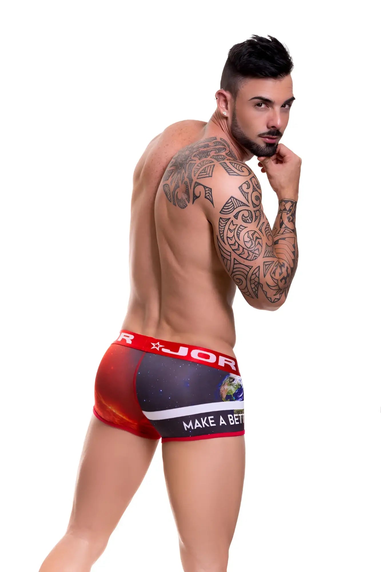Red and black jor believe boxer underwear size s with cosmic earth and stars design and make a bet text near waistband