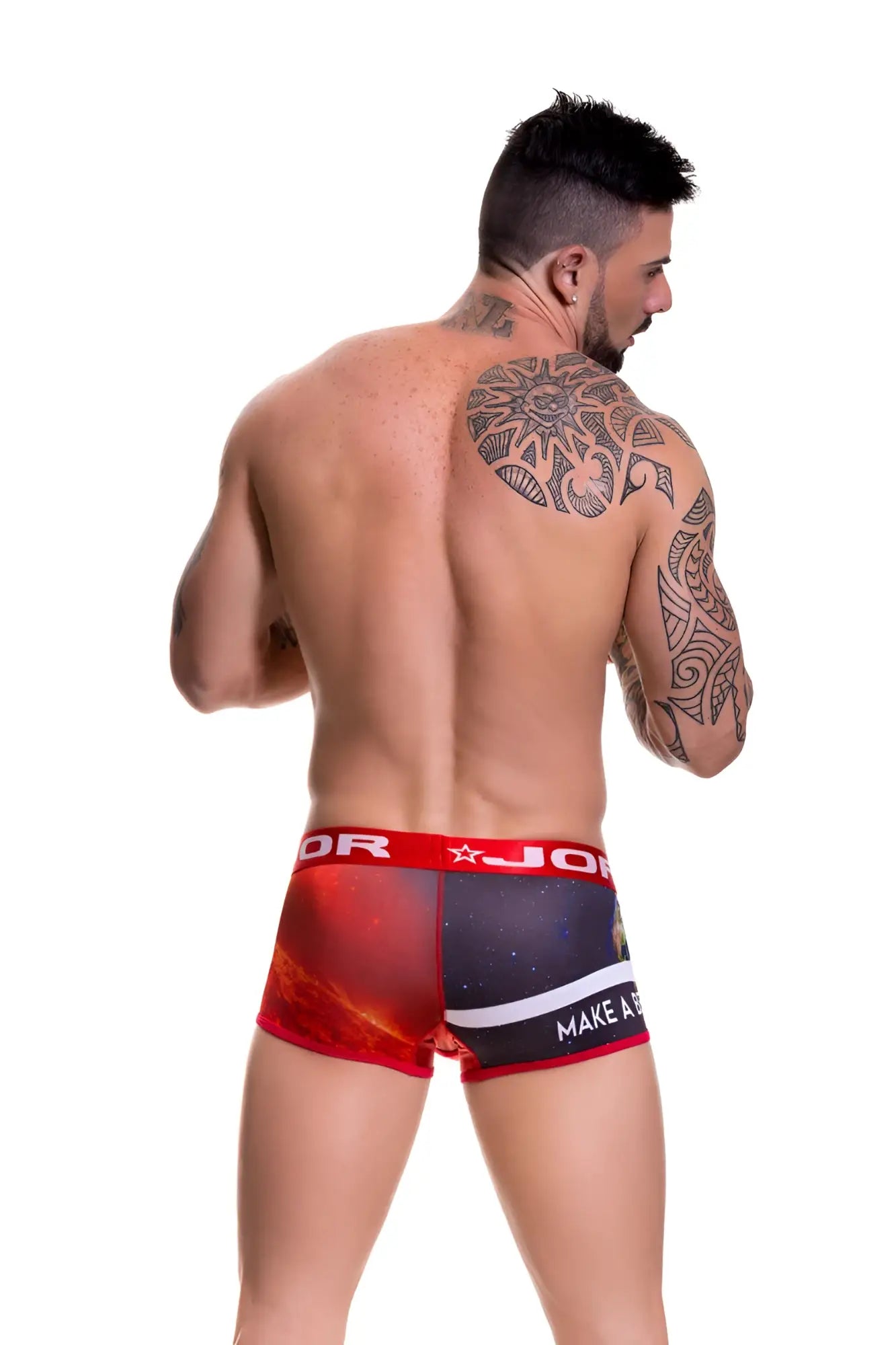 Jor believe boxer underwear 0473 size s featuring red and black galaxy-themed boxer briefs with white stripe and make a text