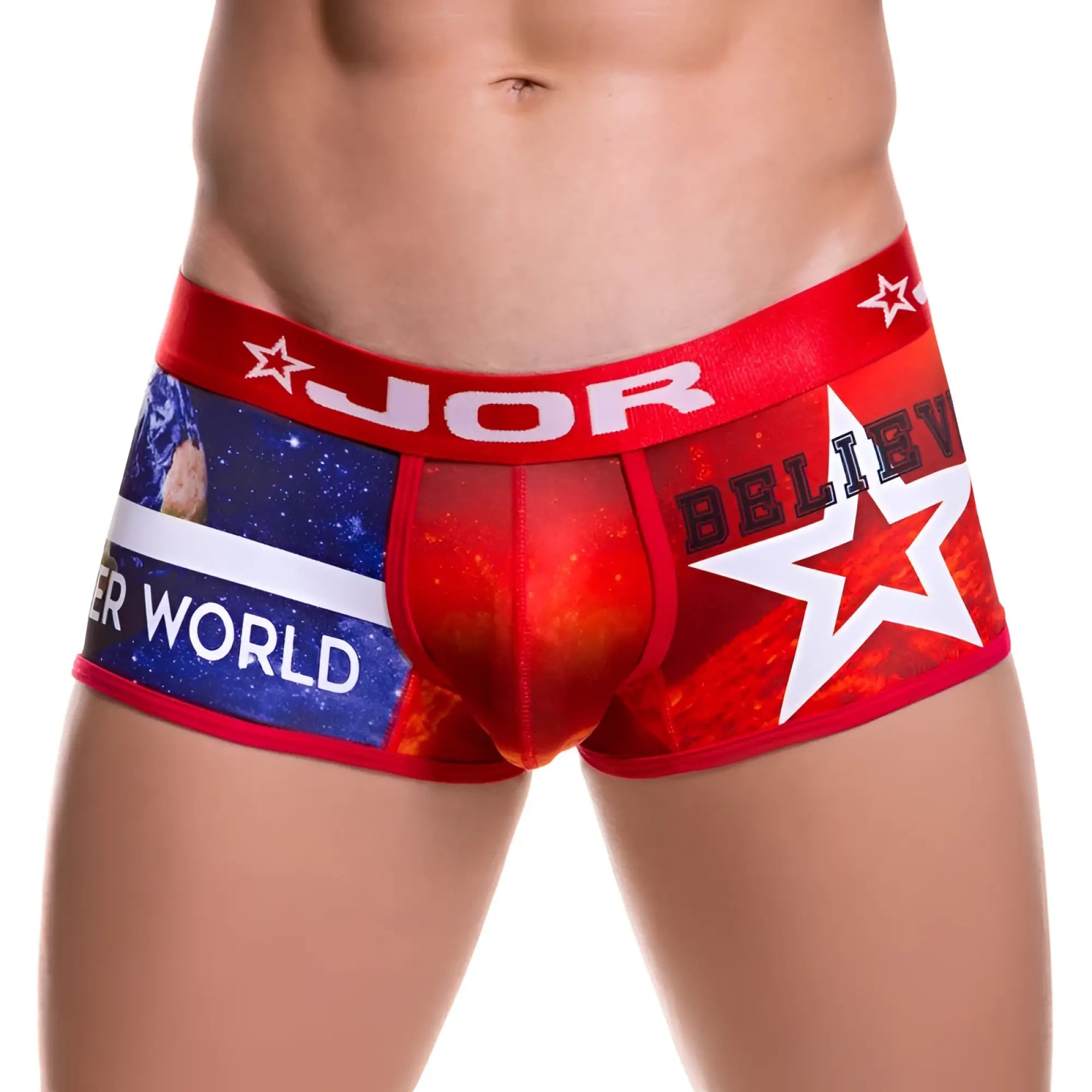 Jor believe boxer underwear size s in red and blue with space-themed design made from stretchy fabric