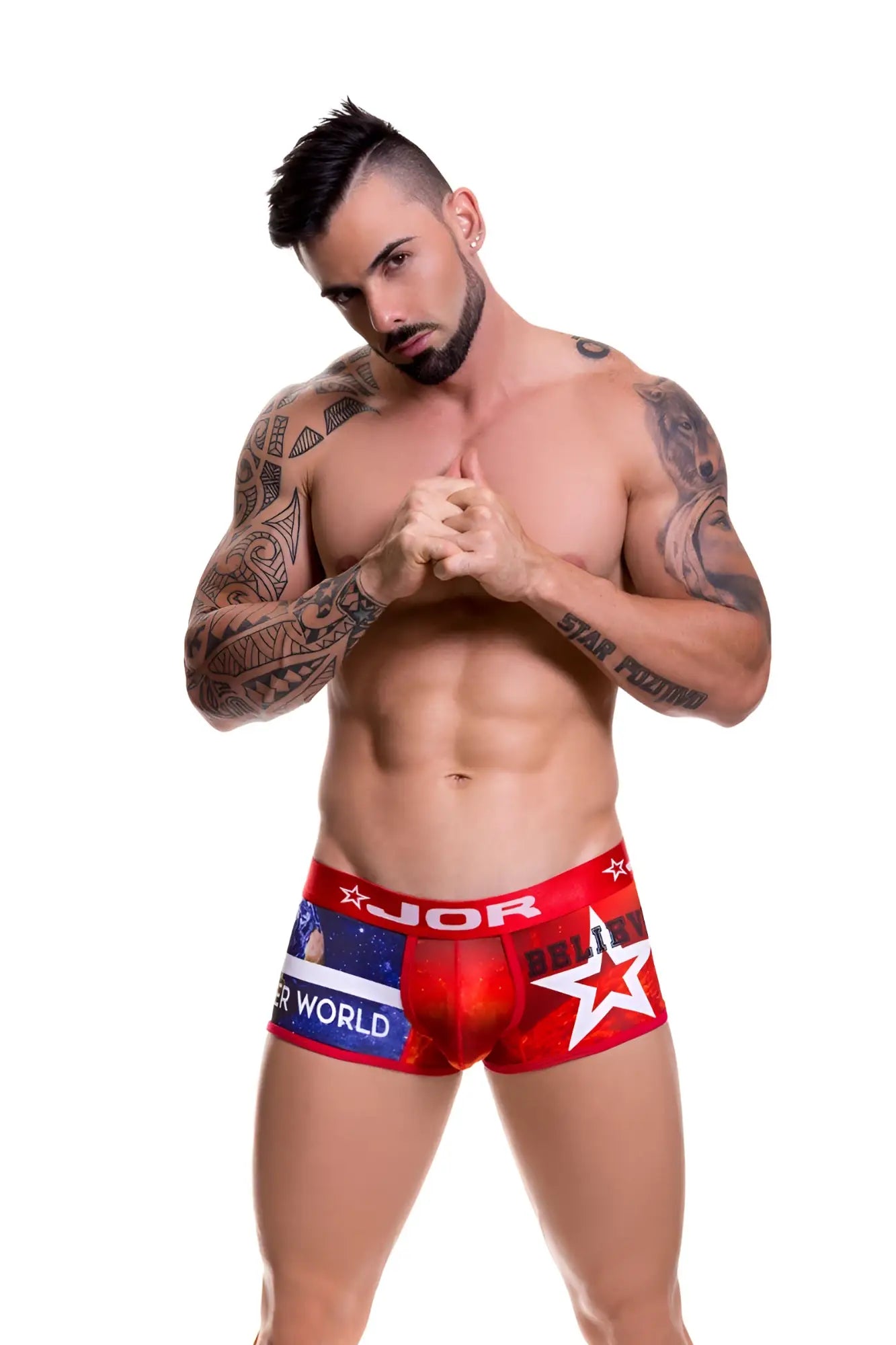 Red star patterned jor believe boxer underwear size s with bold graphic design and brand name displayed prominently