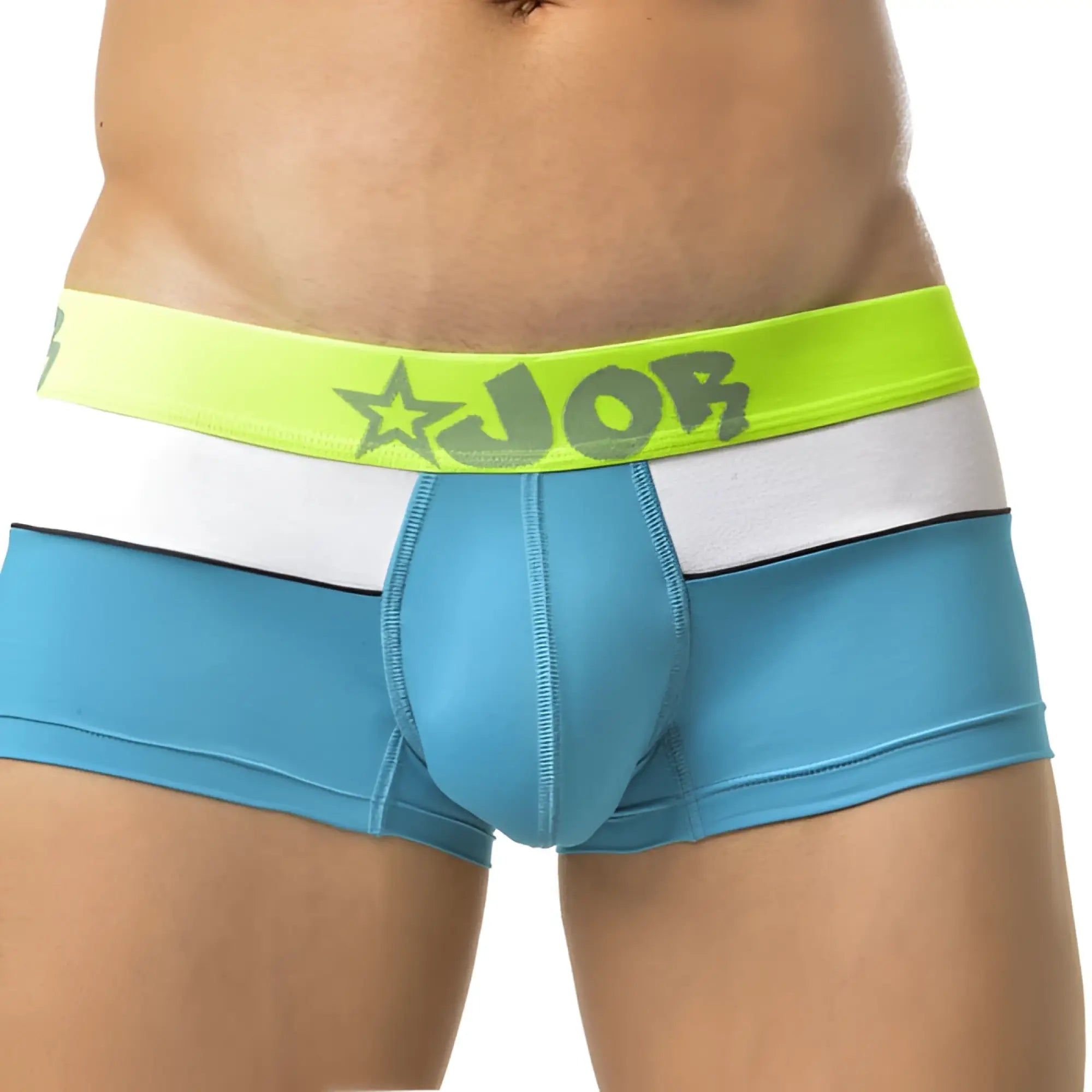 Jor border boxer underwear turquoise size m with bright neon green waistband gray star job logo and light blue stretch fabric briefs