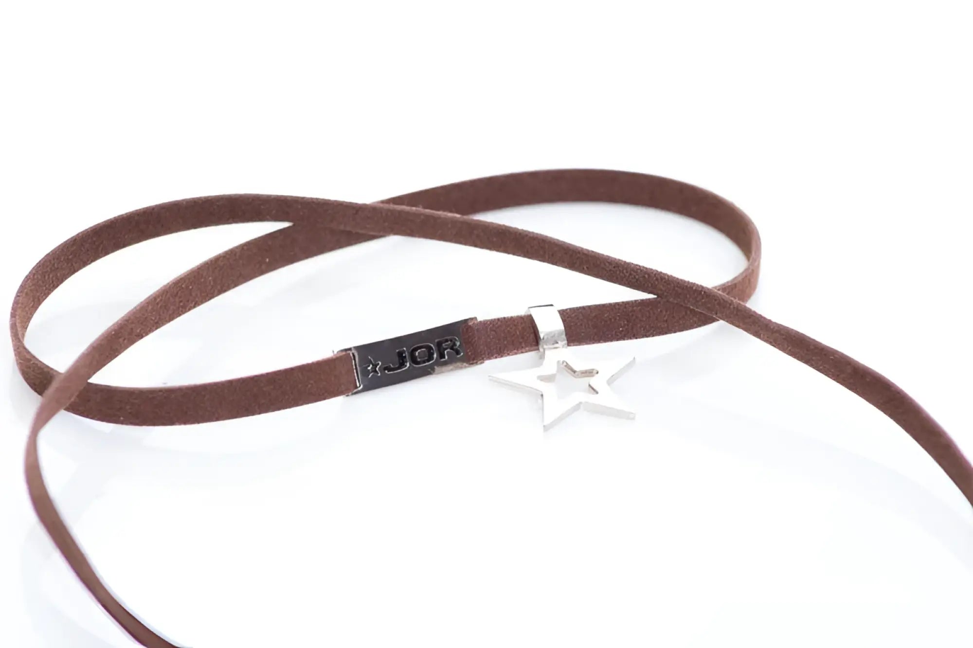 Brown suede choker bracelet with silver star pendant and black rectangular jor tag size one size