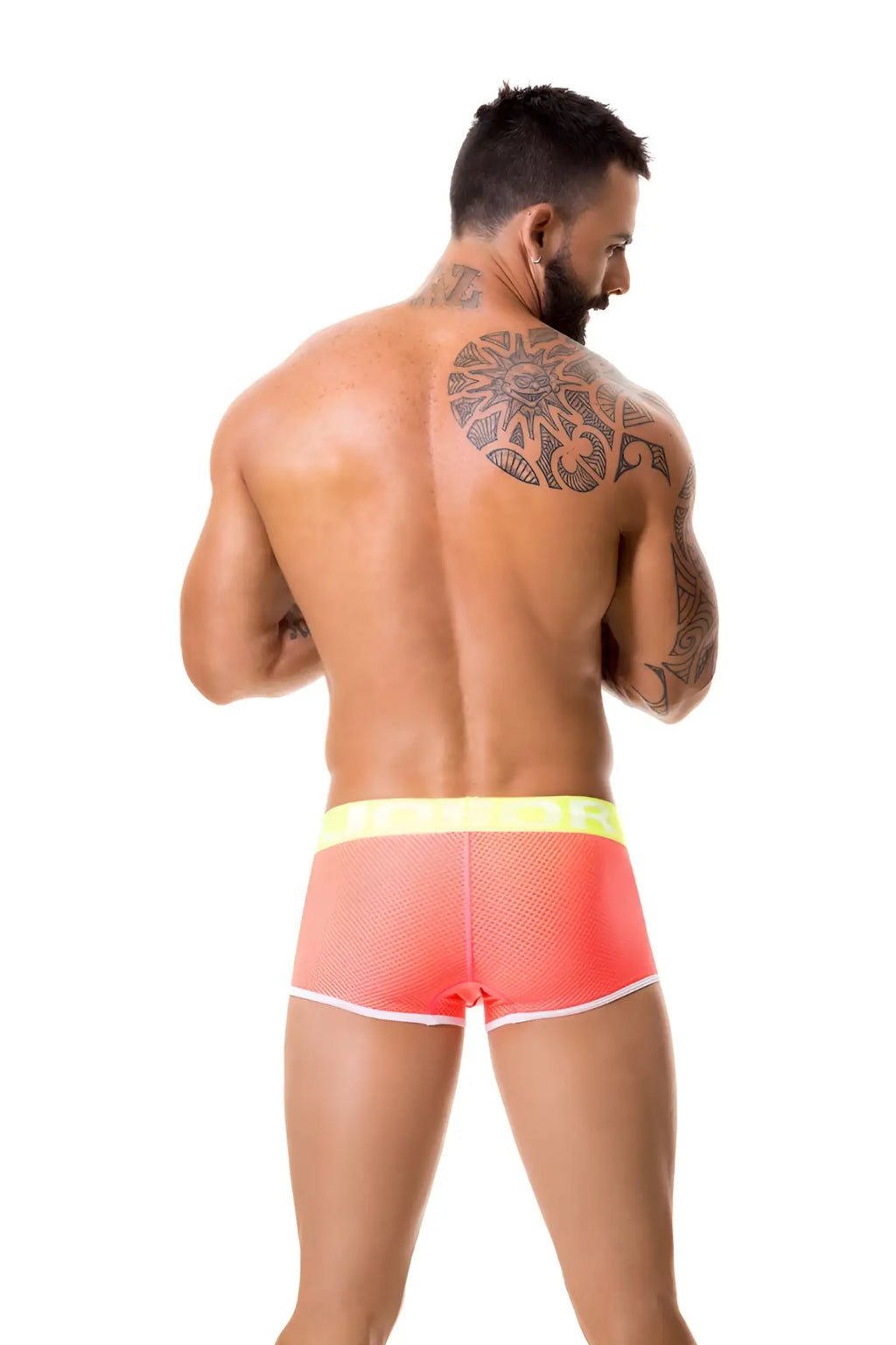 Bright coral jor electro boxer briefs with neon yellow waistband white trim mesh material size m underwear